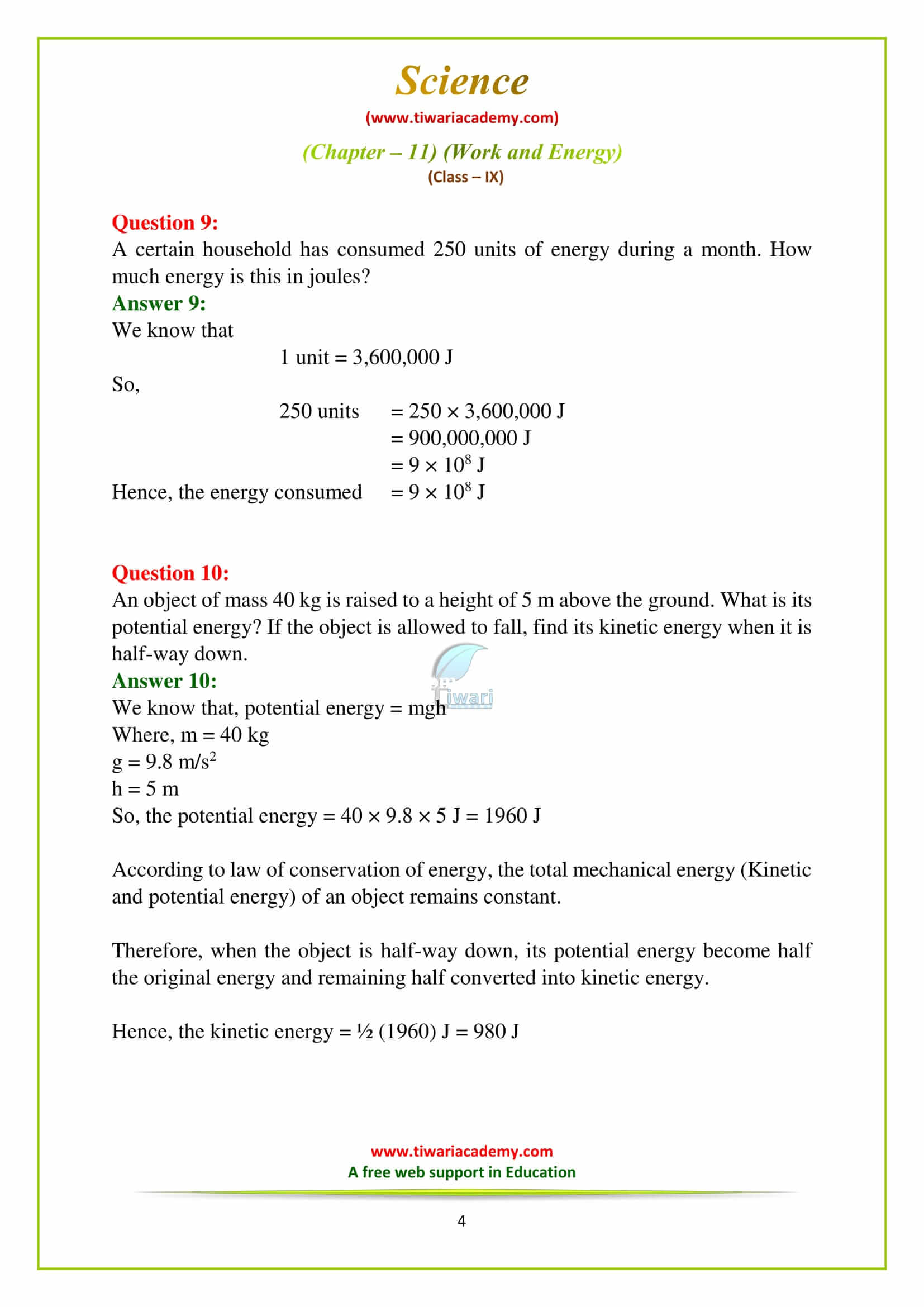 NCERT Solutions for Class 9 Science Chapter 11 Work and Energy Exercises free download