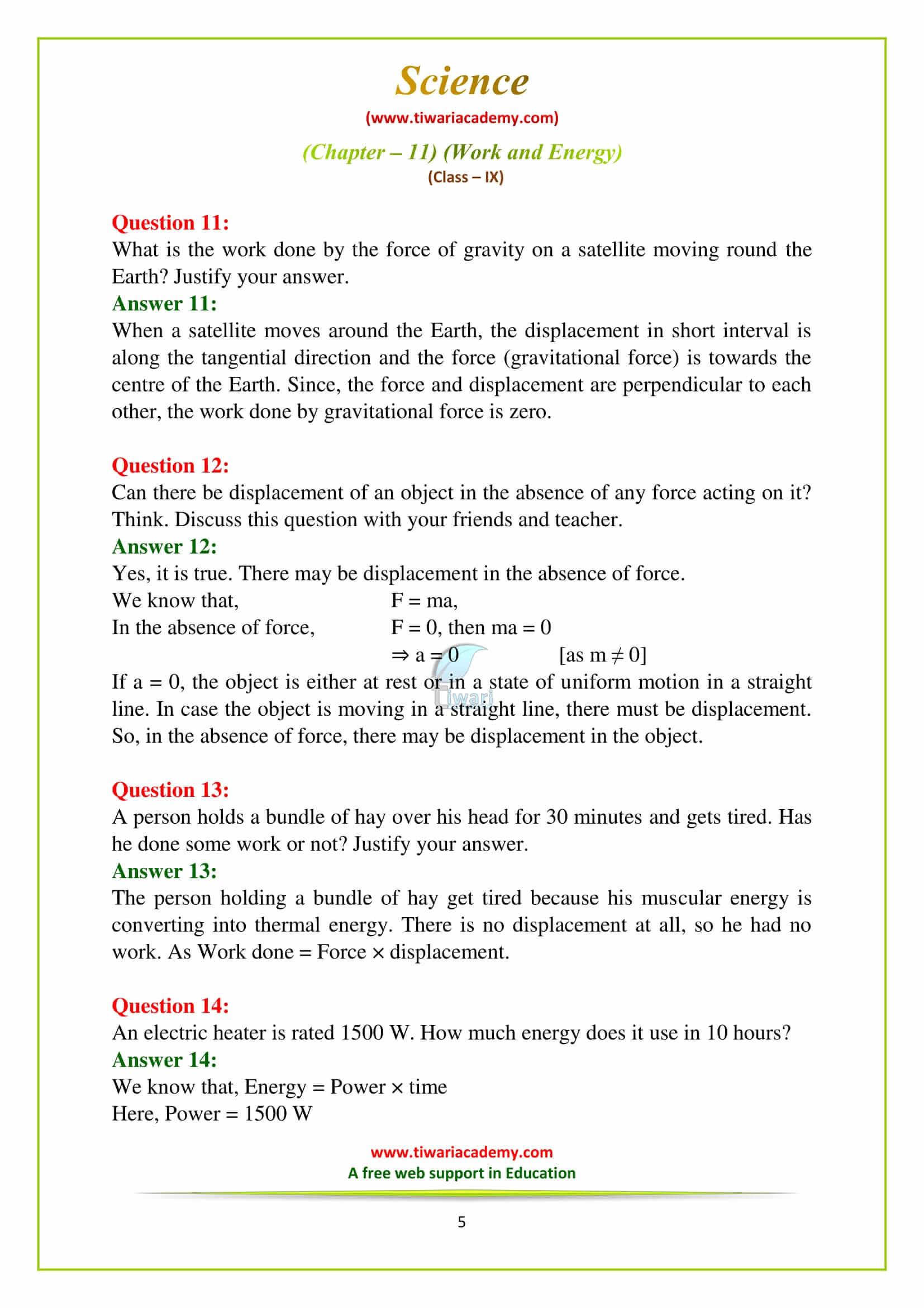NCERT Solutions for Class 9 Science Chapter 11 Work and Energy Exercises all questions in english