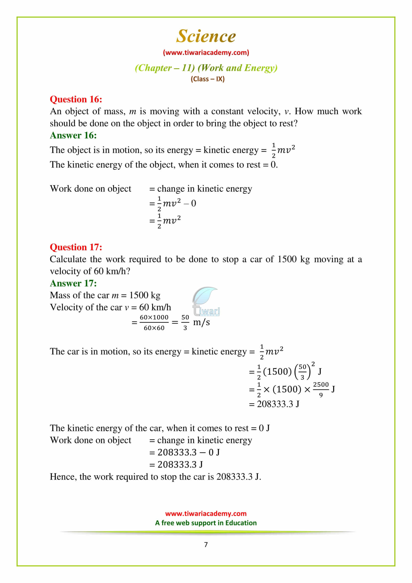 NCERT Solutions for Class 9 Science Chapter 11 Work and Energy Exercises for mp, gujrat board free
