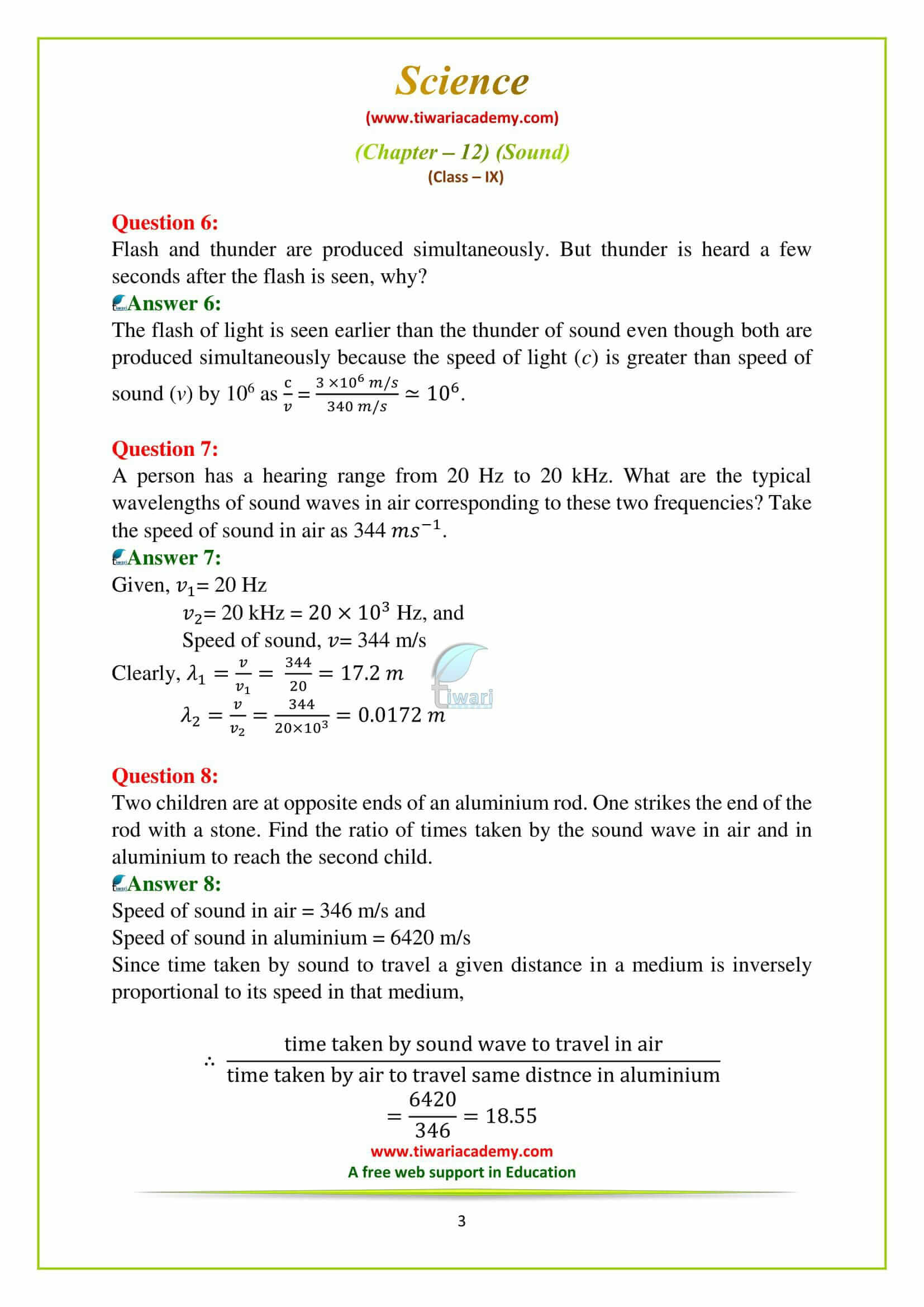 NCERT Solutions for Class 9 Science Chapter 12 Sound Exercises Question answers in english medium