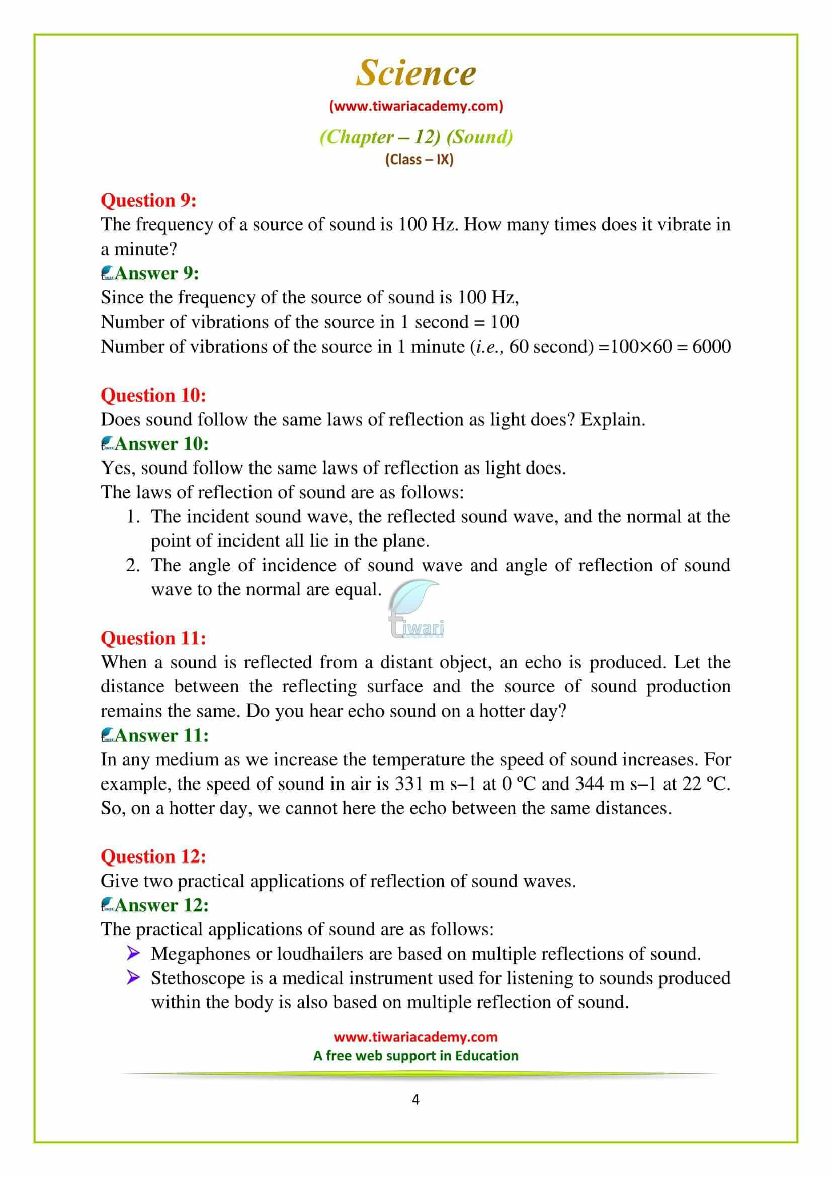 NCERT Solutions for Class 9 Science Chapter 12 Sound Exercises Question answers for up board high school
