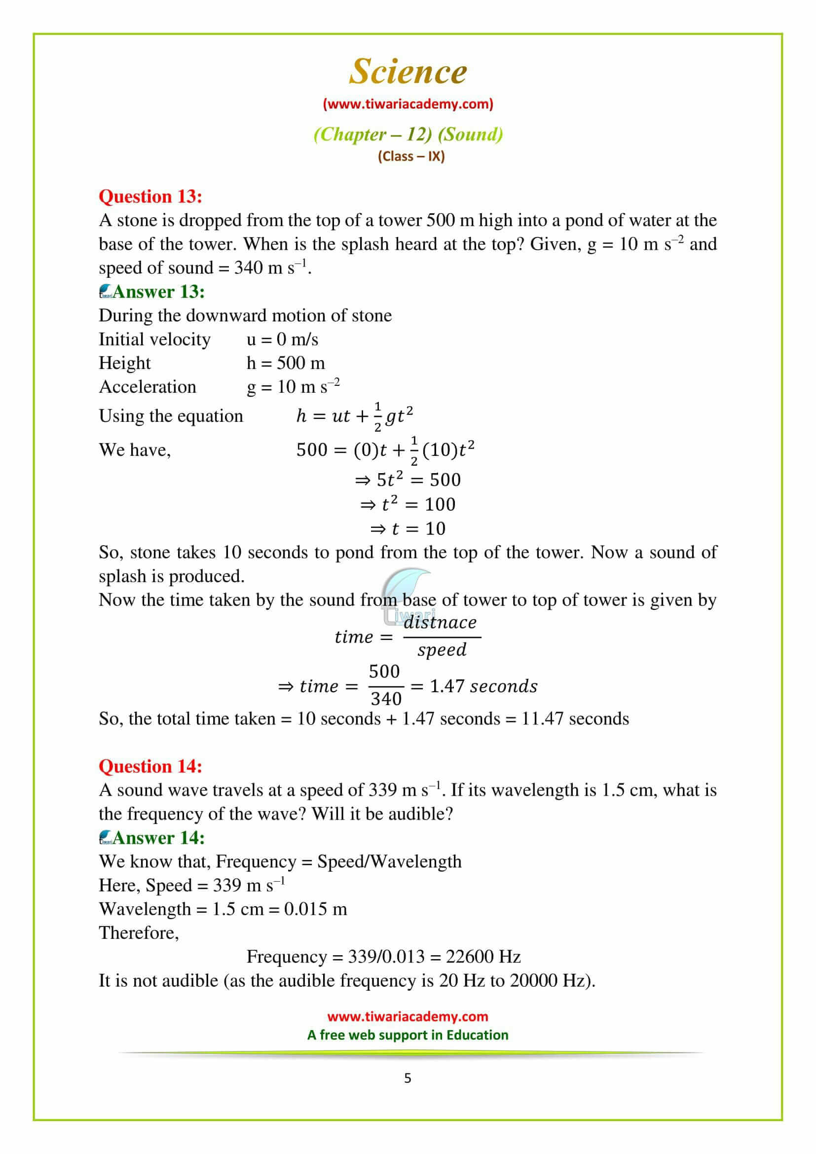 NCERT Solutions for Class 9 Science Chapter 12 Sound Exercises Question answers for mp and gujrat board