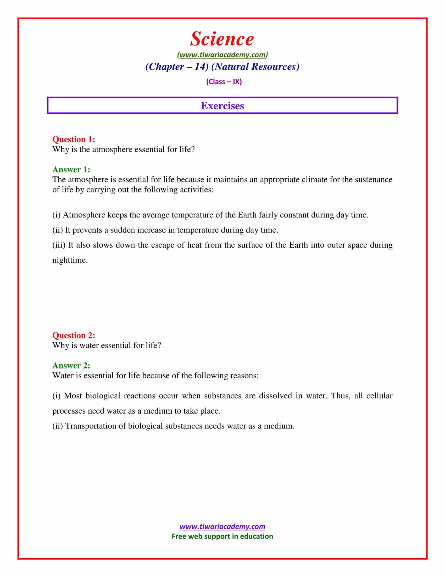 9 Science Chapter 14 Natural Resources Exercises Questions