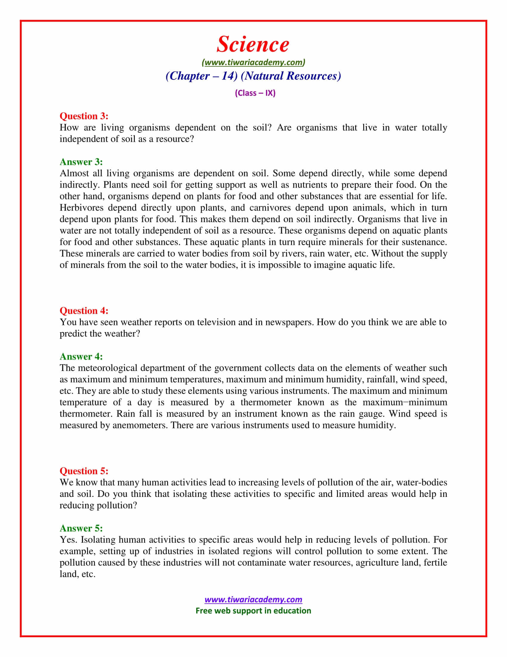 9 Science Chapter 14 Natural Resources Exercises Questions answers in pdf