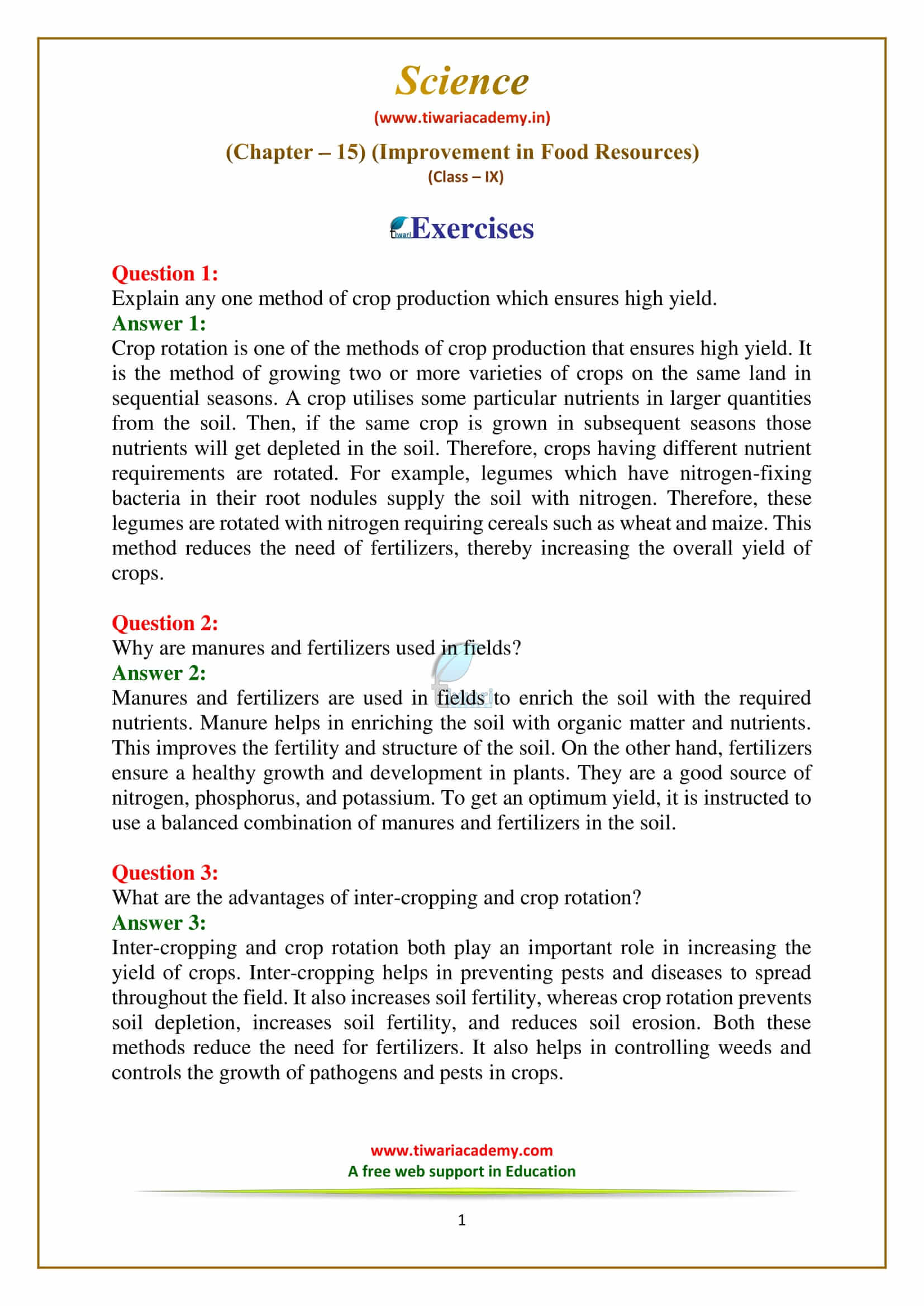 NCERT Solutions for Class 9 Science Chapter 15 Improvement in Food Resources