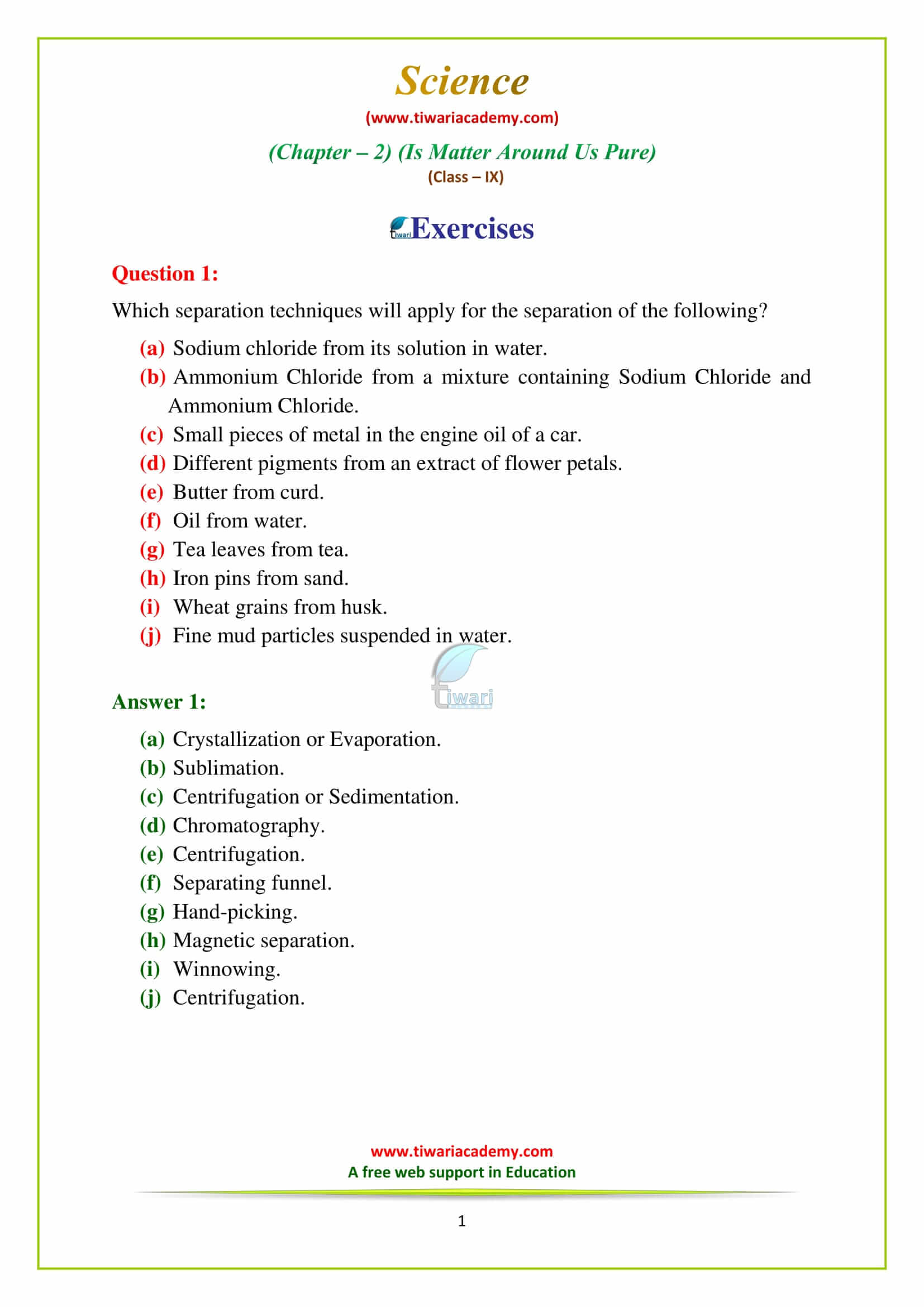 NCERT Solutions for Class 9 Science Chapter 2 Is Matter Around Us Pure page Exercises