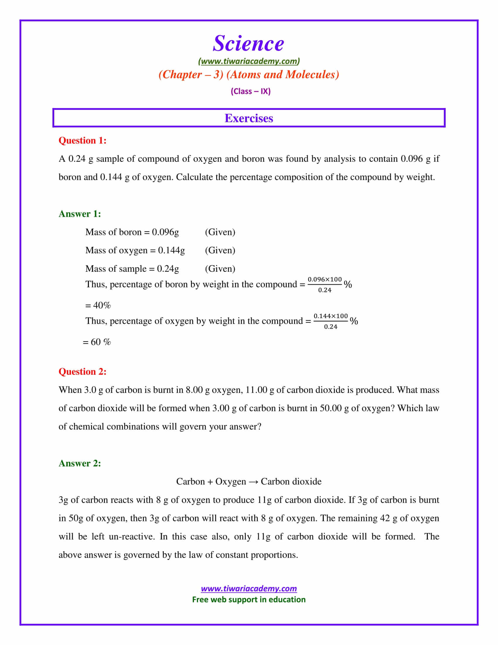 NCERT Solutions for Class 9 Science Chapter 3 Atoms and Molecules Exercises Question answers