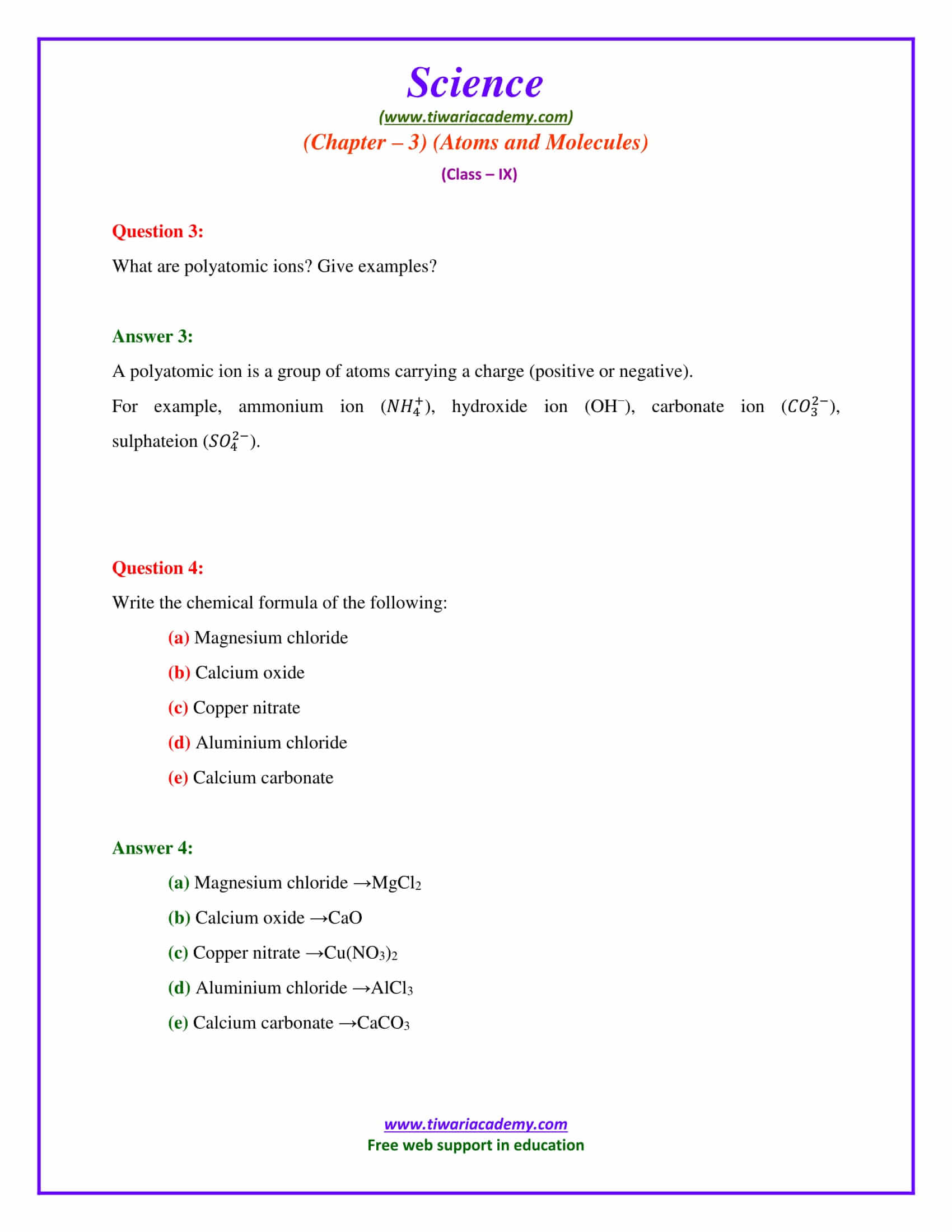 NCERT Solutions for Class 9 Science Chapter 3 Atoms and Molecules Exercises Question answers in english medium
