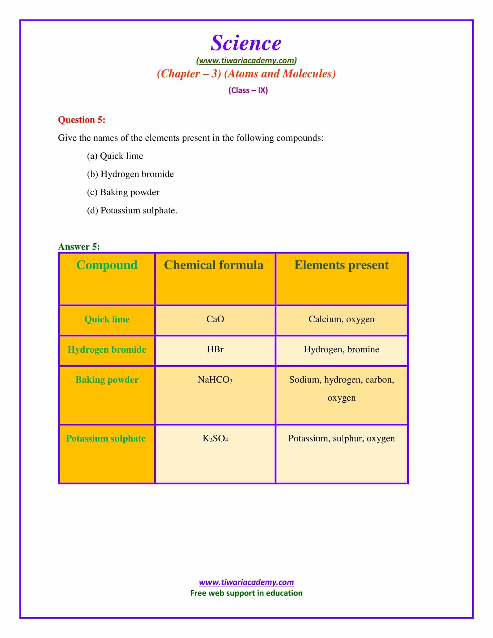 NCERT Solutions for Class 9 Science Chapter 3 Atoms and Molecules Exercises Question answers in pdf form