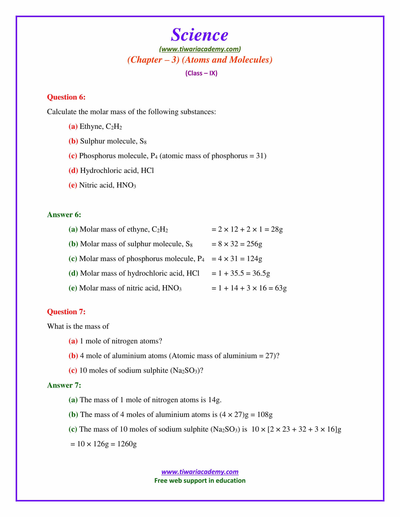 NCERT Solutions for Class 9 Science Chapter 3 Atoms and Molecules Exercises Question answers free download