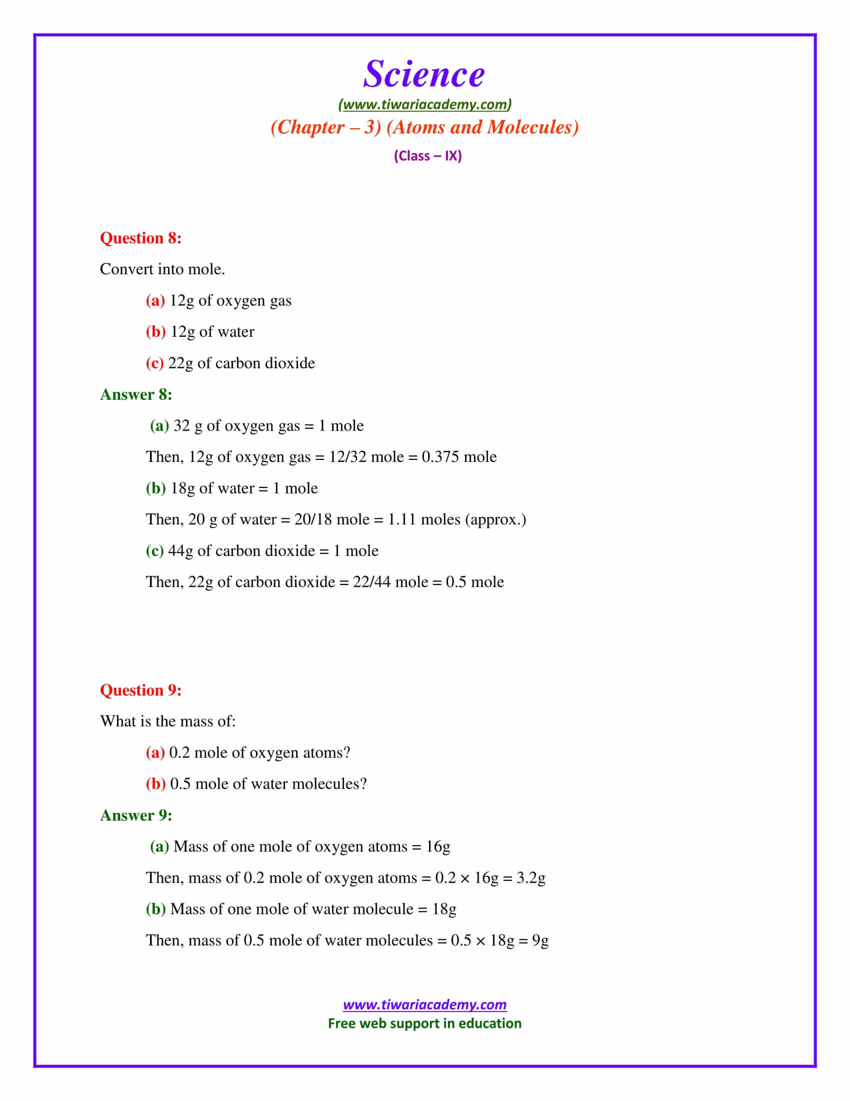 NCERT Solutions for Class 9 Science Chapter 3 Atoms and Molecules Exercises Question answers for up board