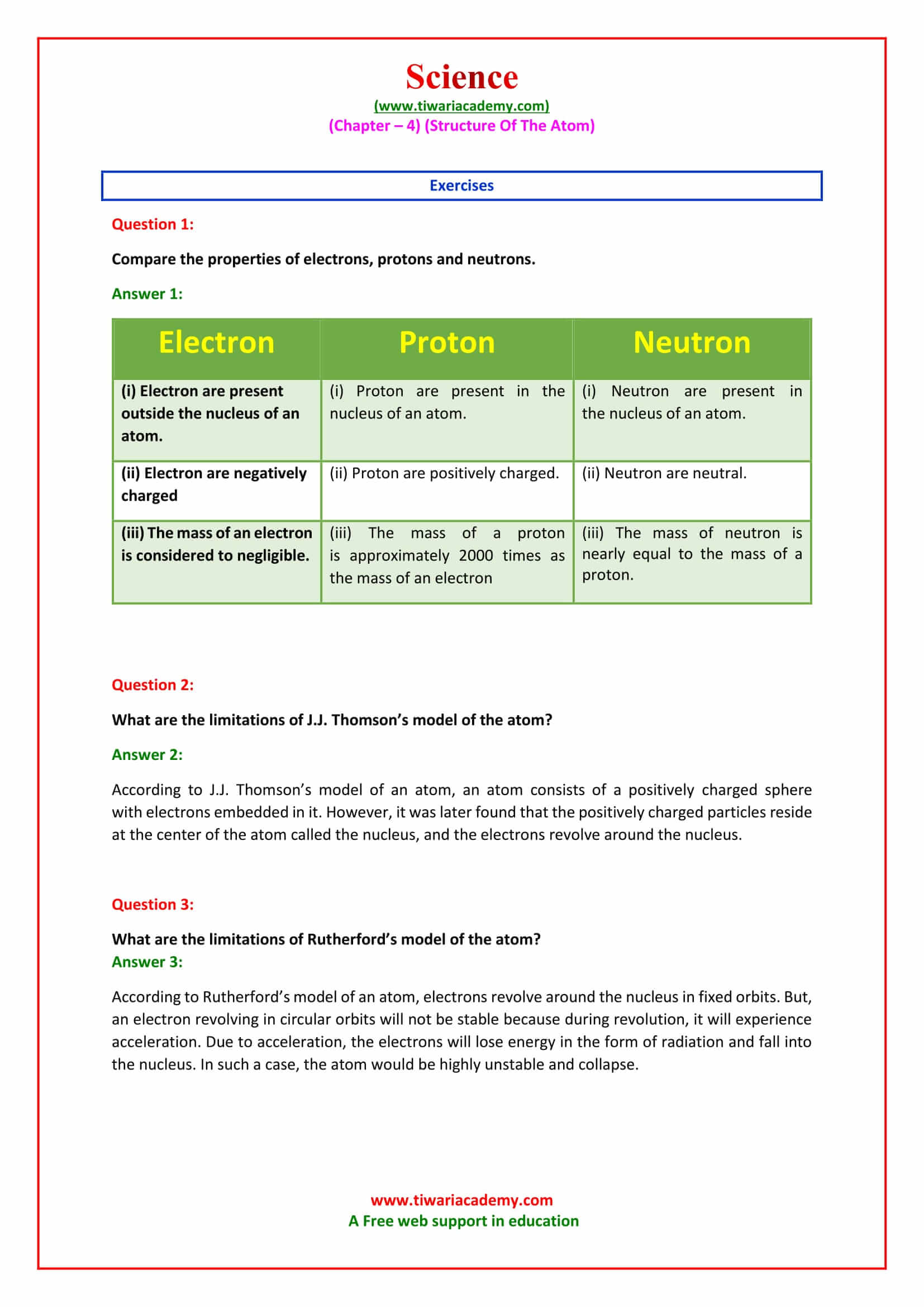 9 Science Chapter 4 Structure of the Atom Exercises Solutions
