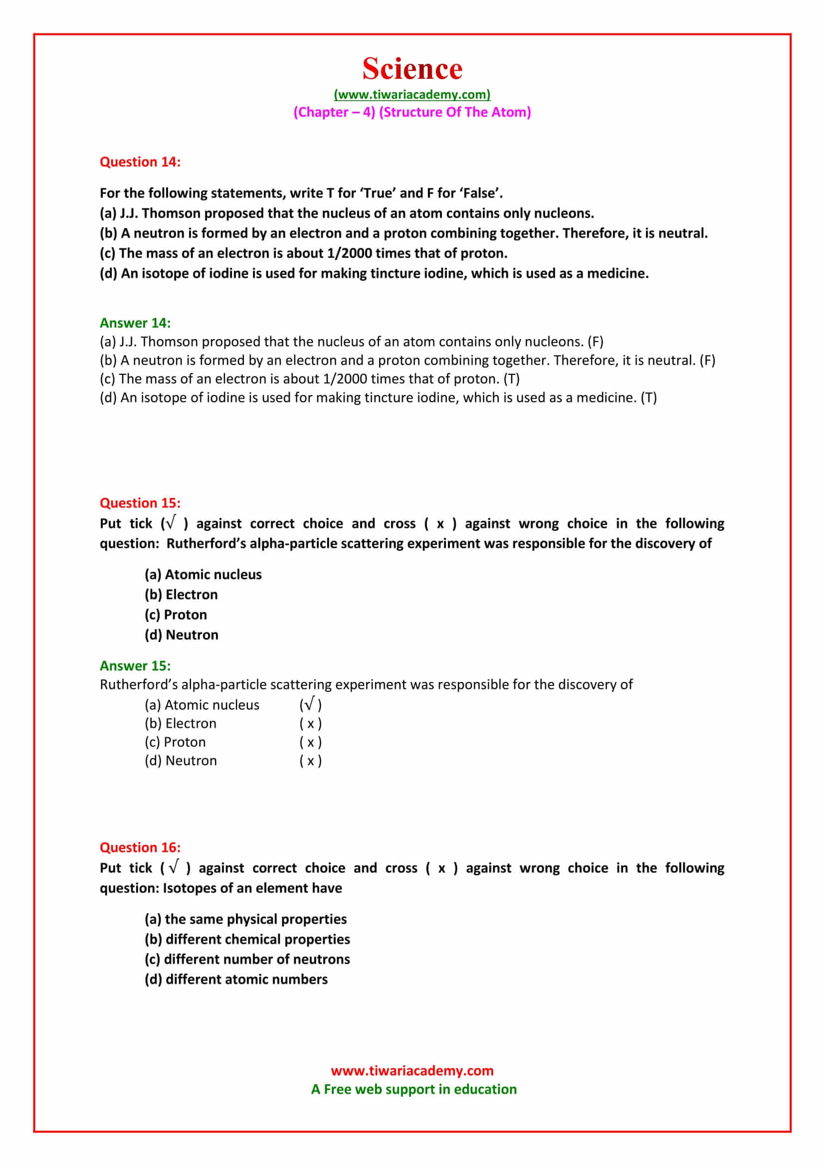 9 Science Chapter 4 Structure of the Atom Exercises Solutions in english medium