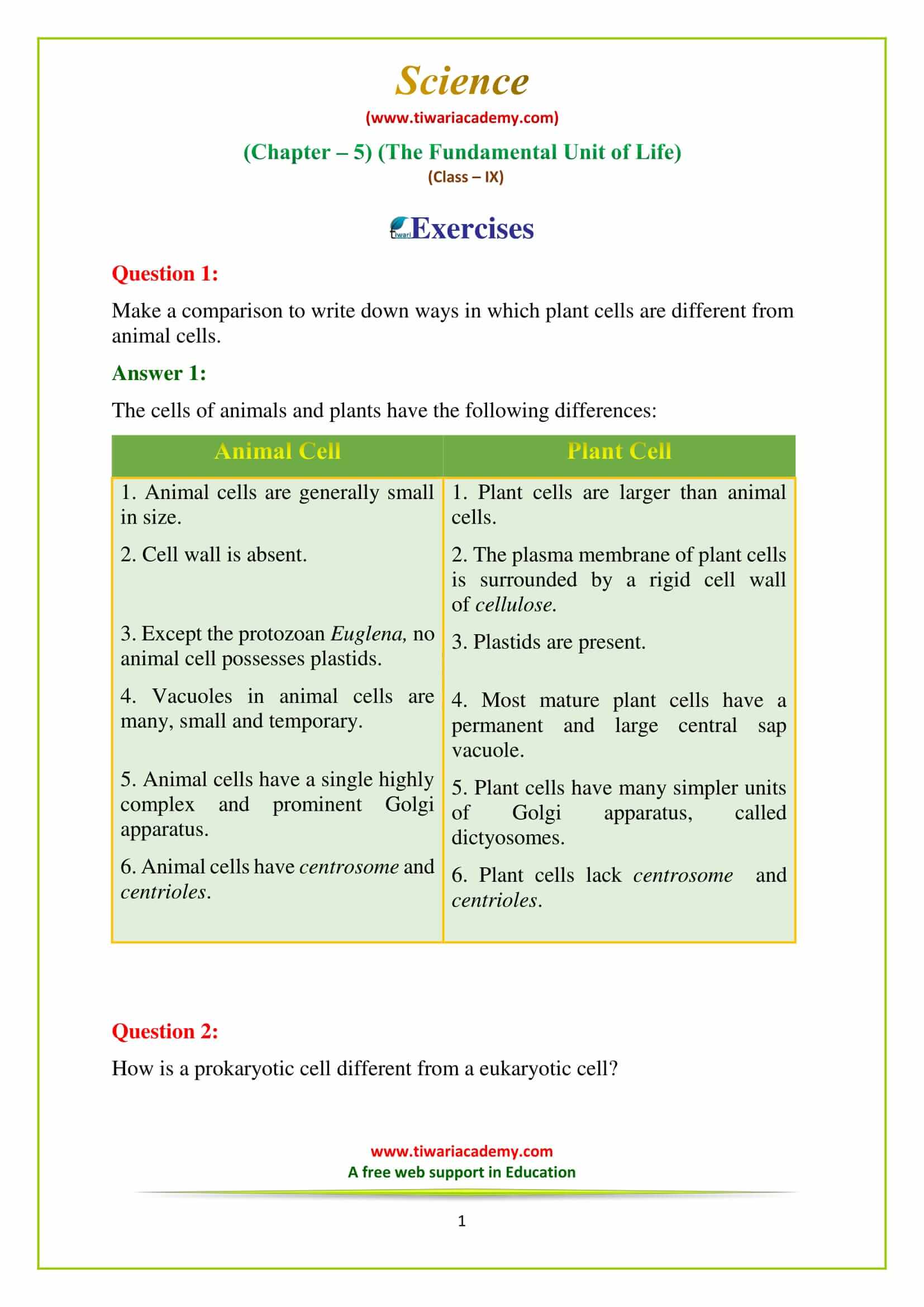 9 Science Chapter 5 The fundamental unit of life Chapter End Exercises