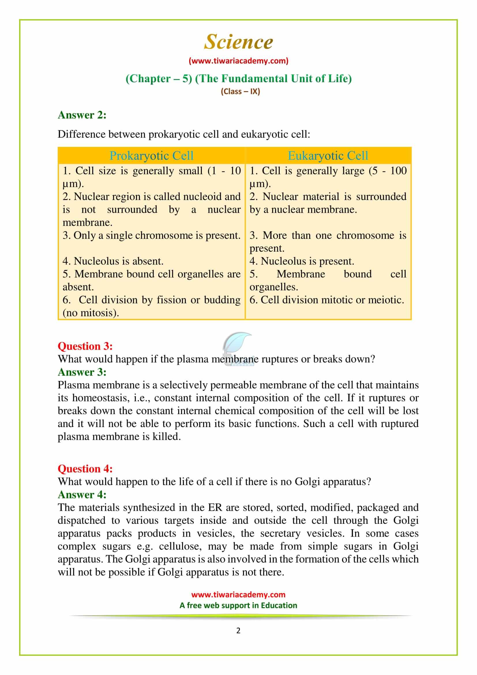 9 Science Chapter 5 The fundamental unit of life Chapter End Exercises solutions in english medium