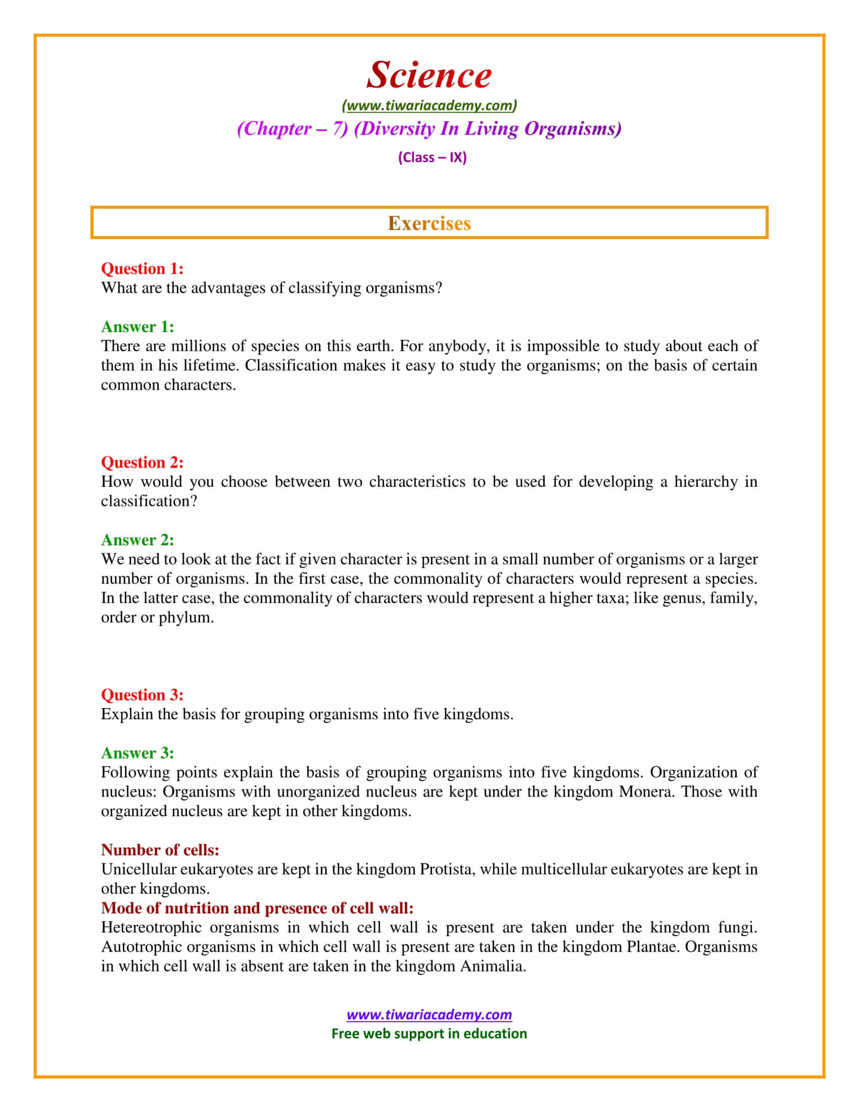 Class 9 Science Chapter 7 Exercises Question answers