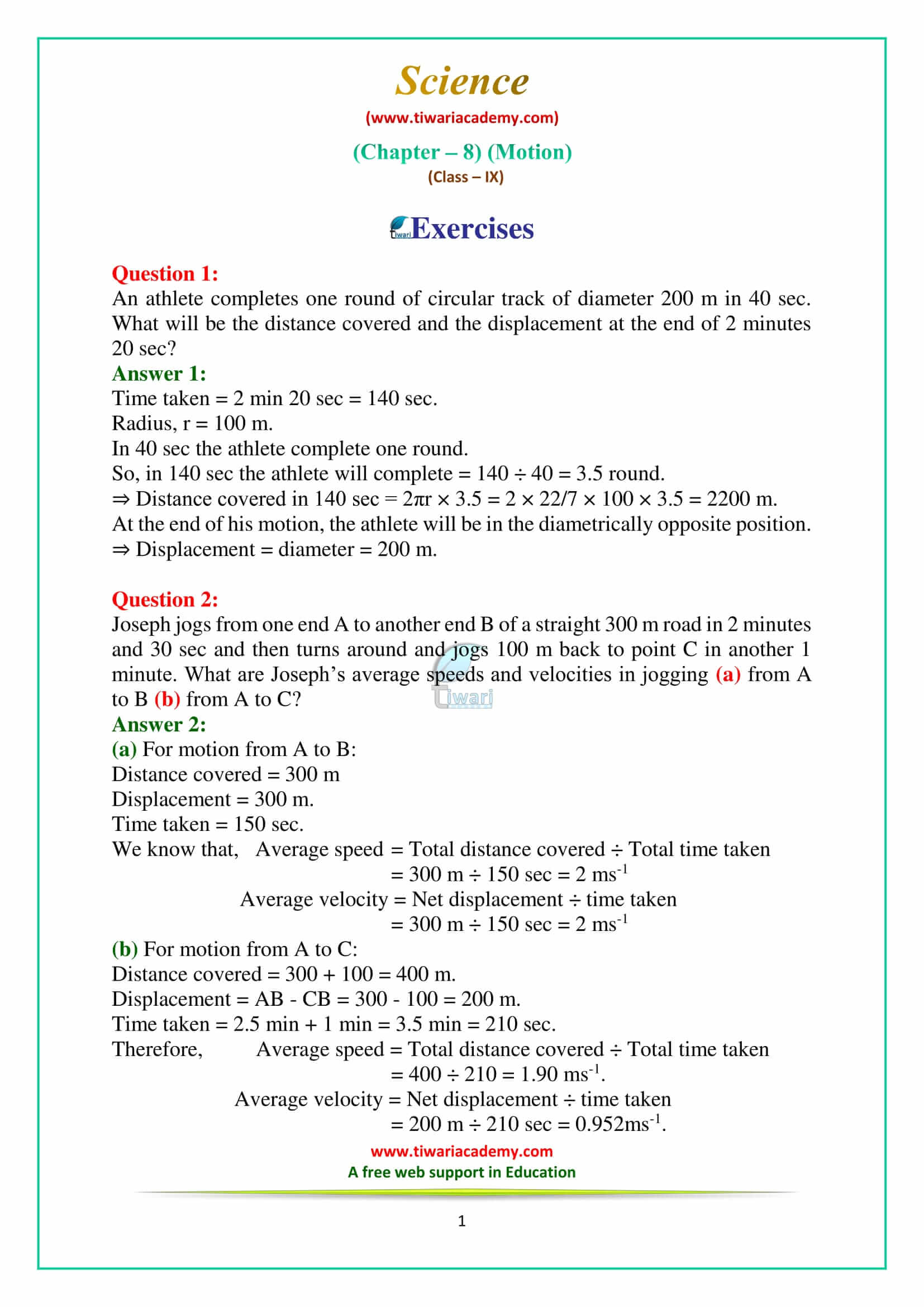 NCERT Solutions for Class 9 Science Chapter 8 Motion Exercises Question Answers