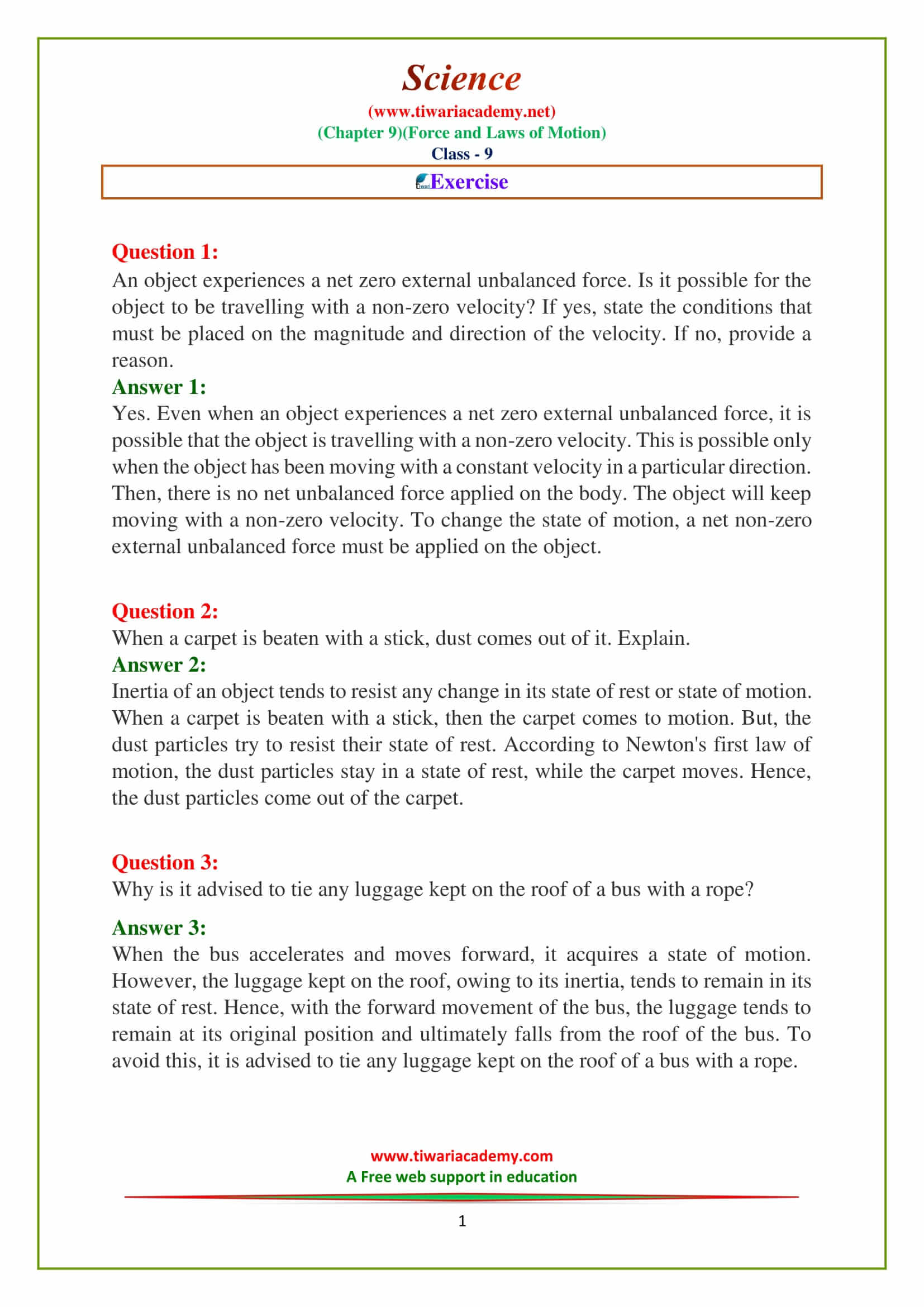 9 Science Chapter 9 force and laws of motion Exercises questions