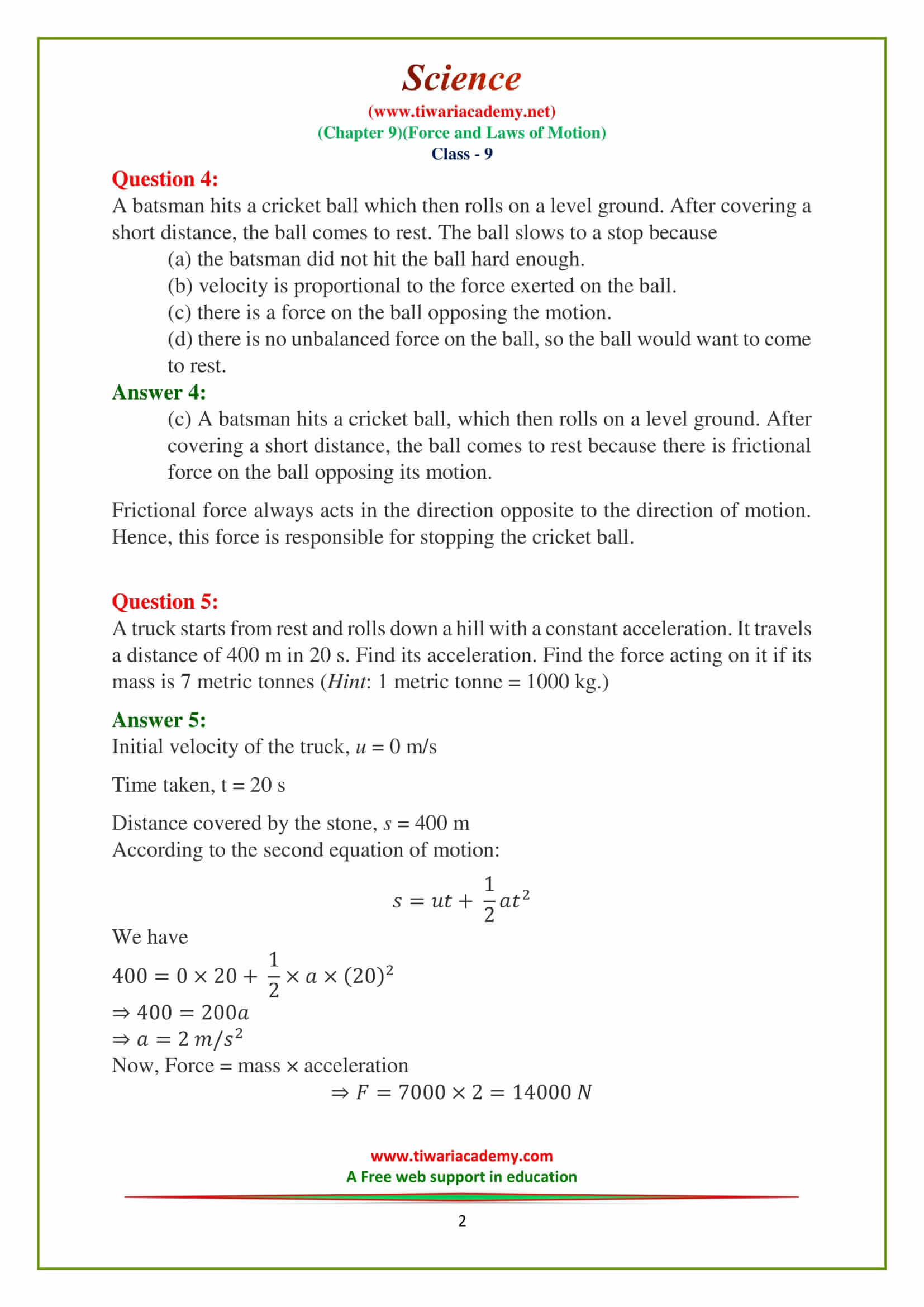 9 Science Chapter 9 force and laws of motion Exercises questions in english medium