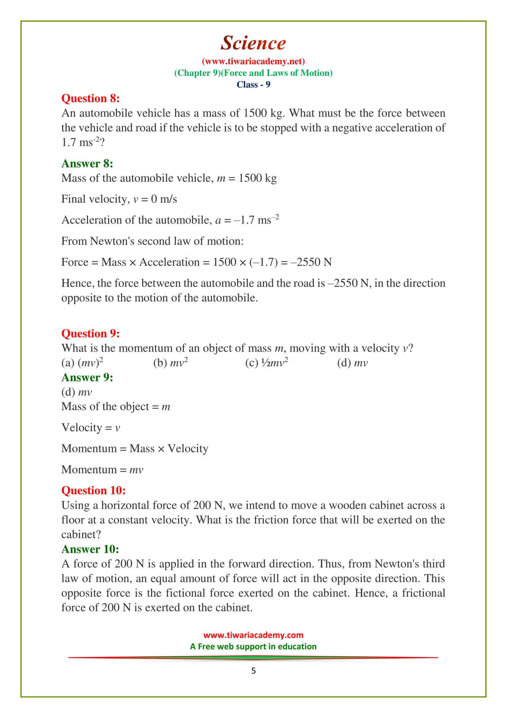 9 Science Chapter 9 force and laws of motion Exercises questions for mp board