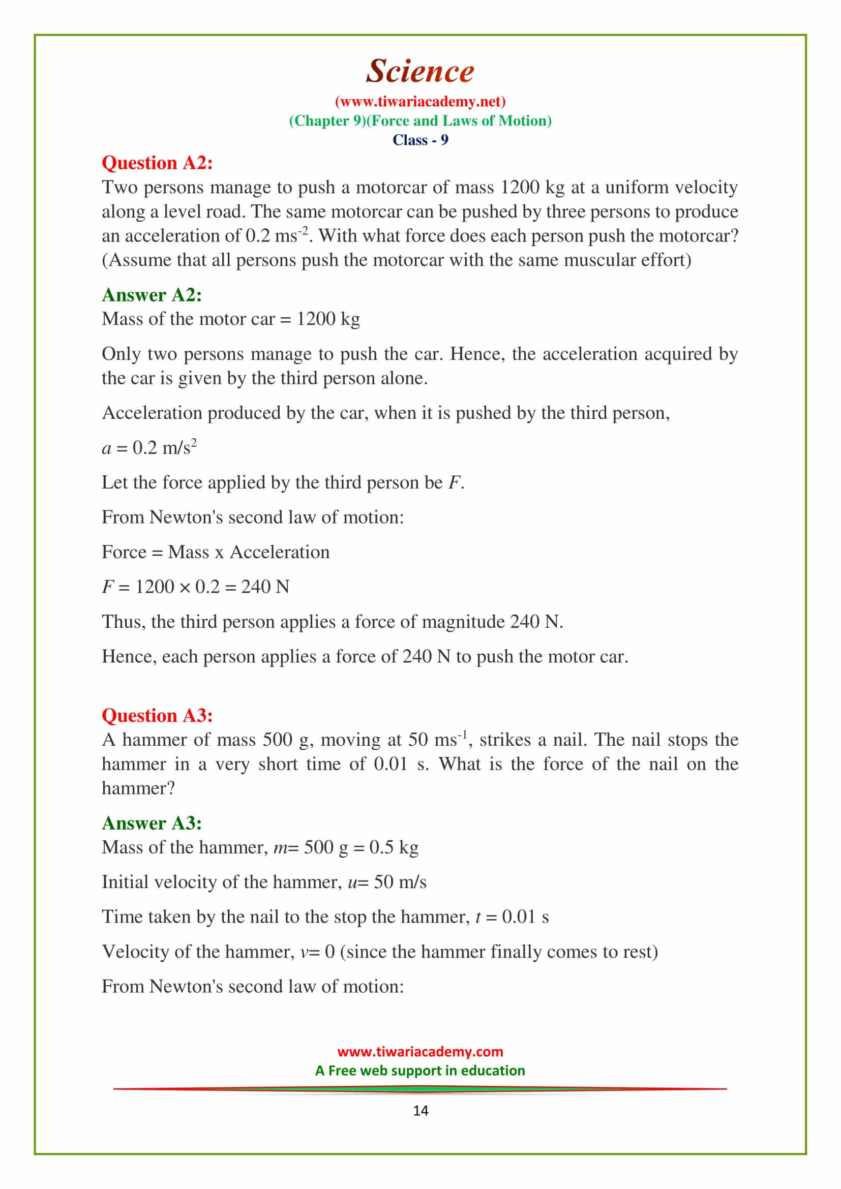 9 force and laws of motion Additional exercises question answers in pdf form