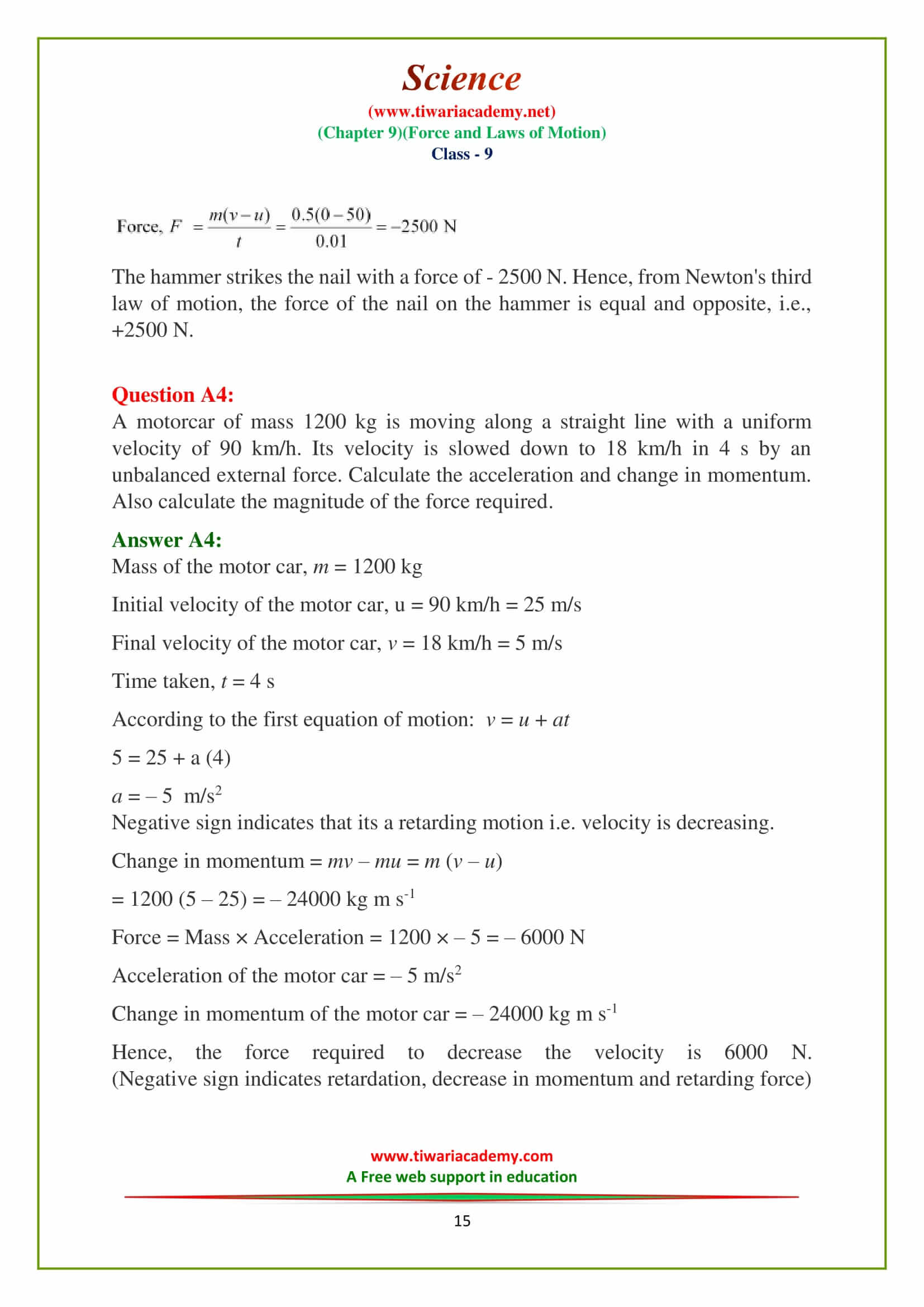 9 force and laws of motion Additional exercises question answers free download