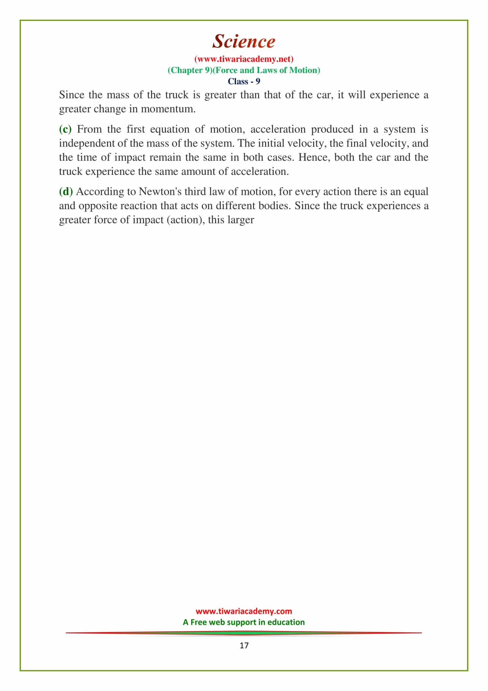 9 force and laws of motion Additional exercises question answers for high school