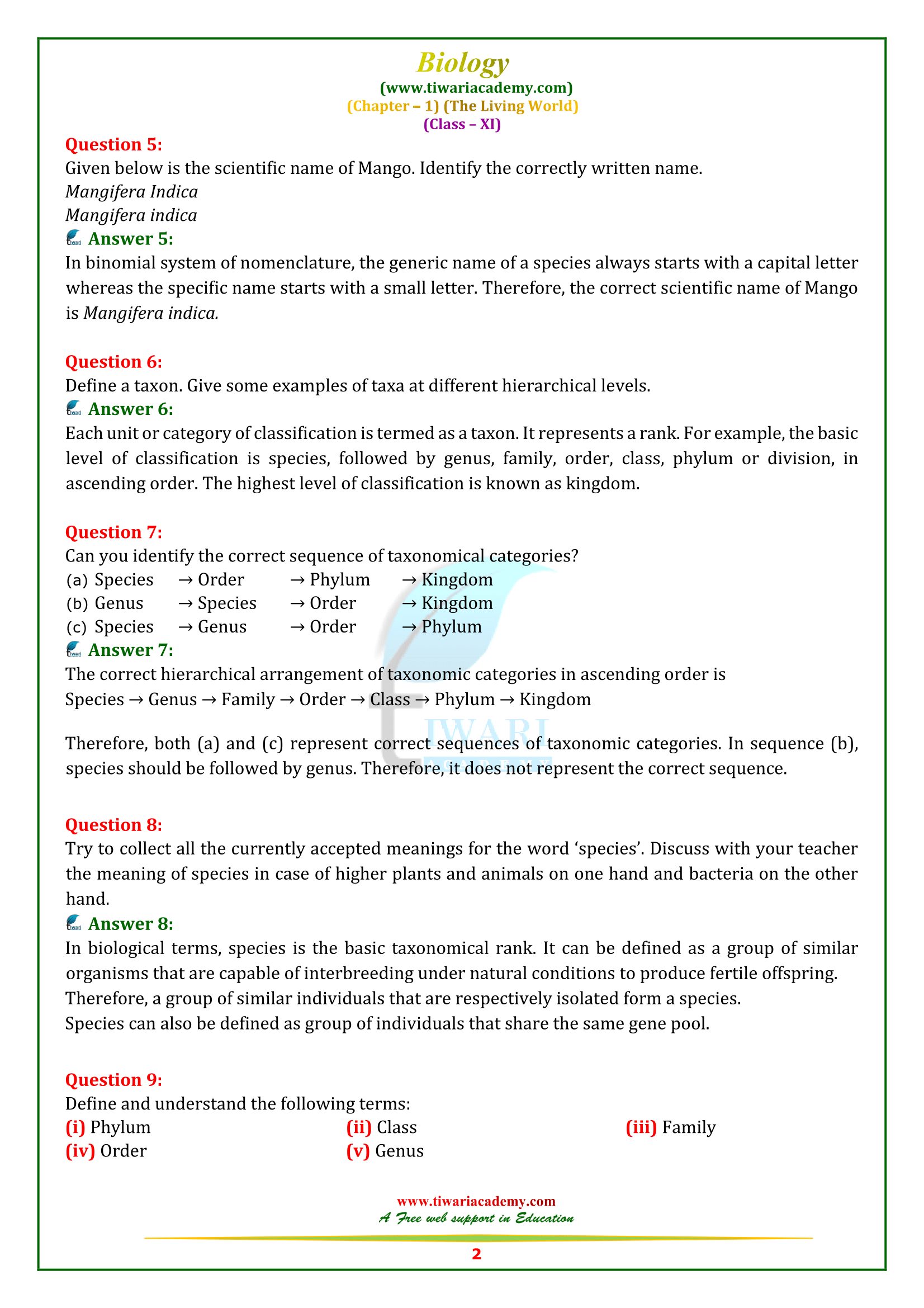 NCERT Solutions for Class 11 Biology Chapter 1 in English Medium