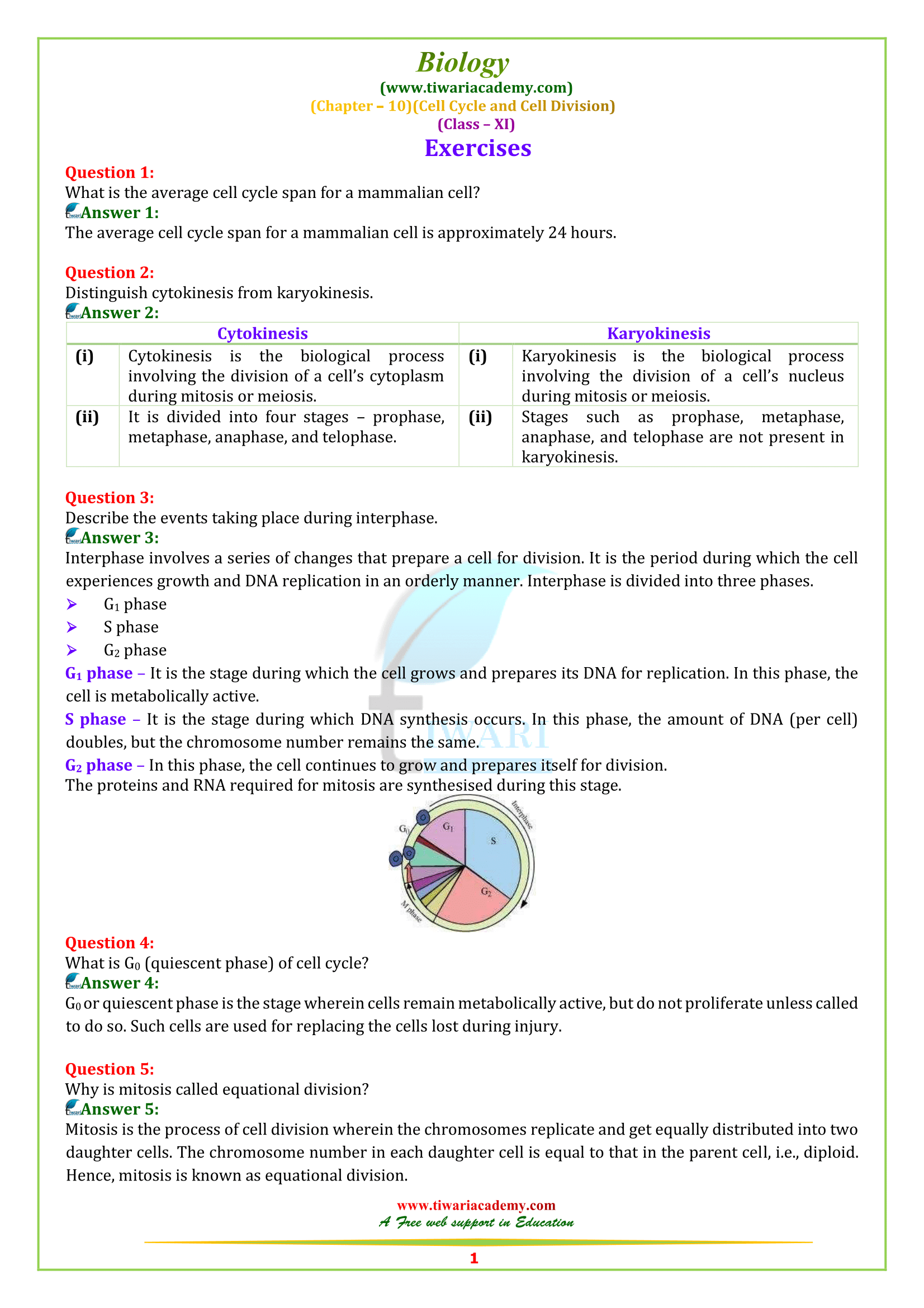 NCERT Solutions for Class 11 Biology Chapter 10 Cell Cycle and Cell Division