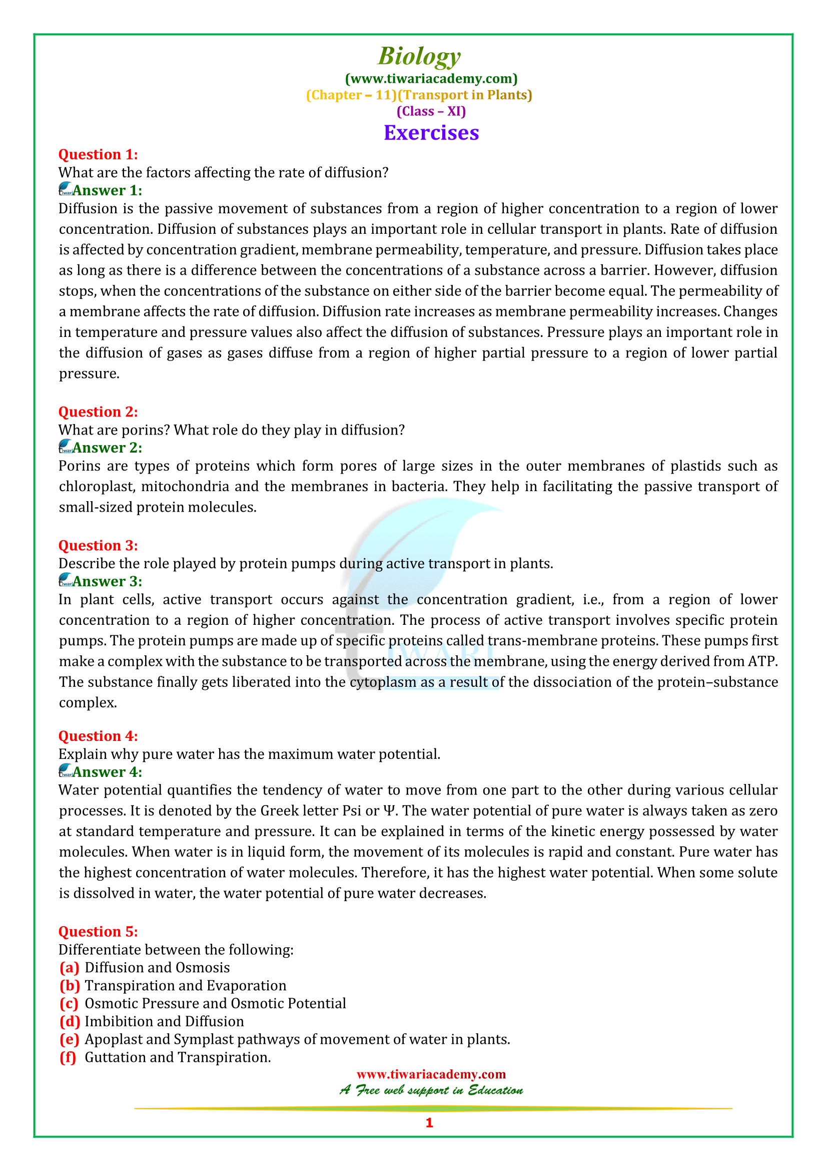 NCERT Solutions for Class 11 Biology Chapter 11 Transport in Plants