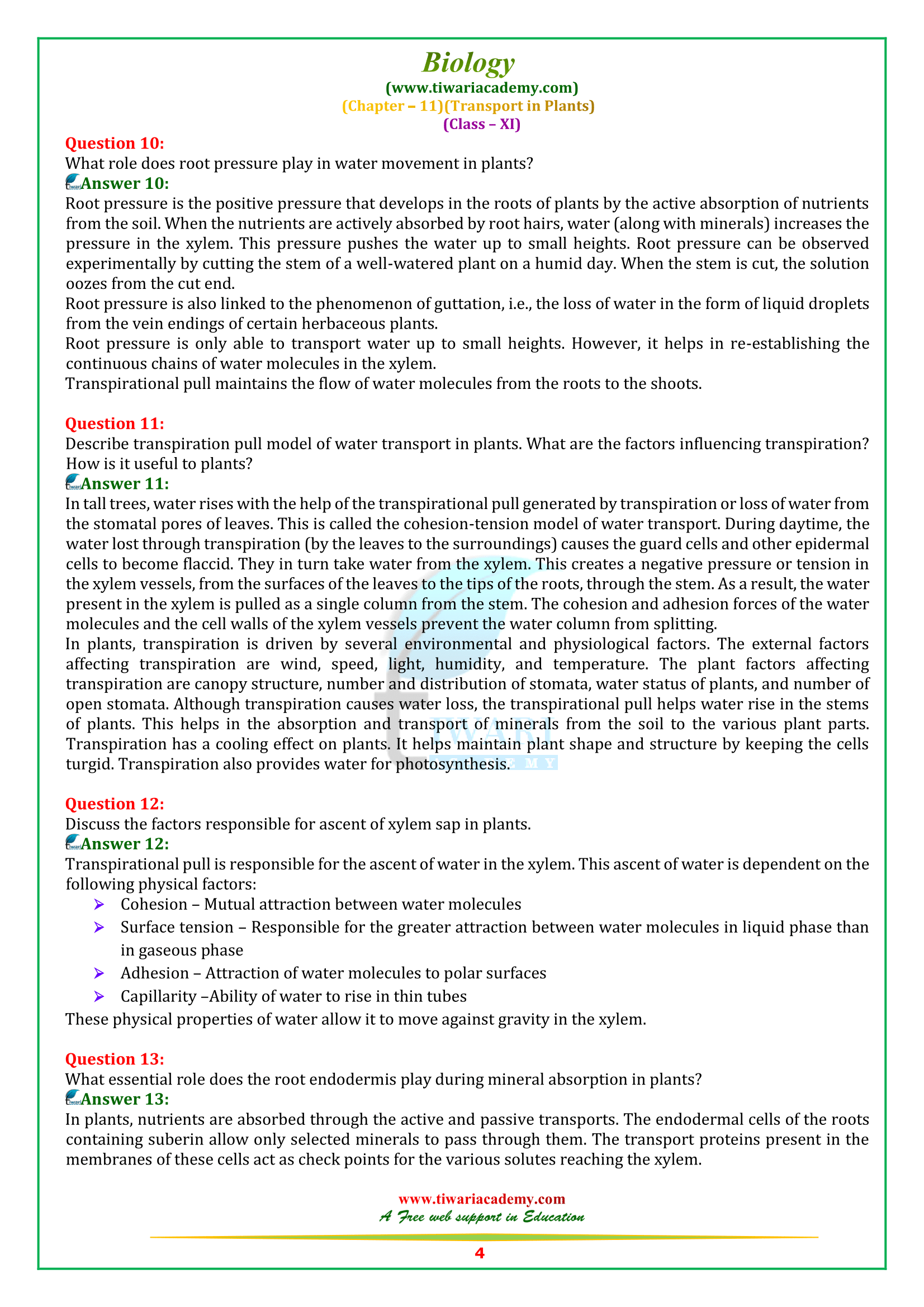NCERT Solutions for Class 11 Biology Chapter 11 in English Medium