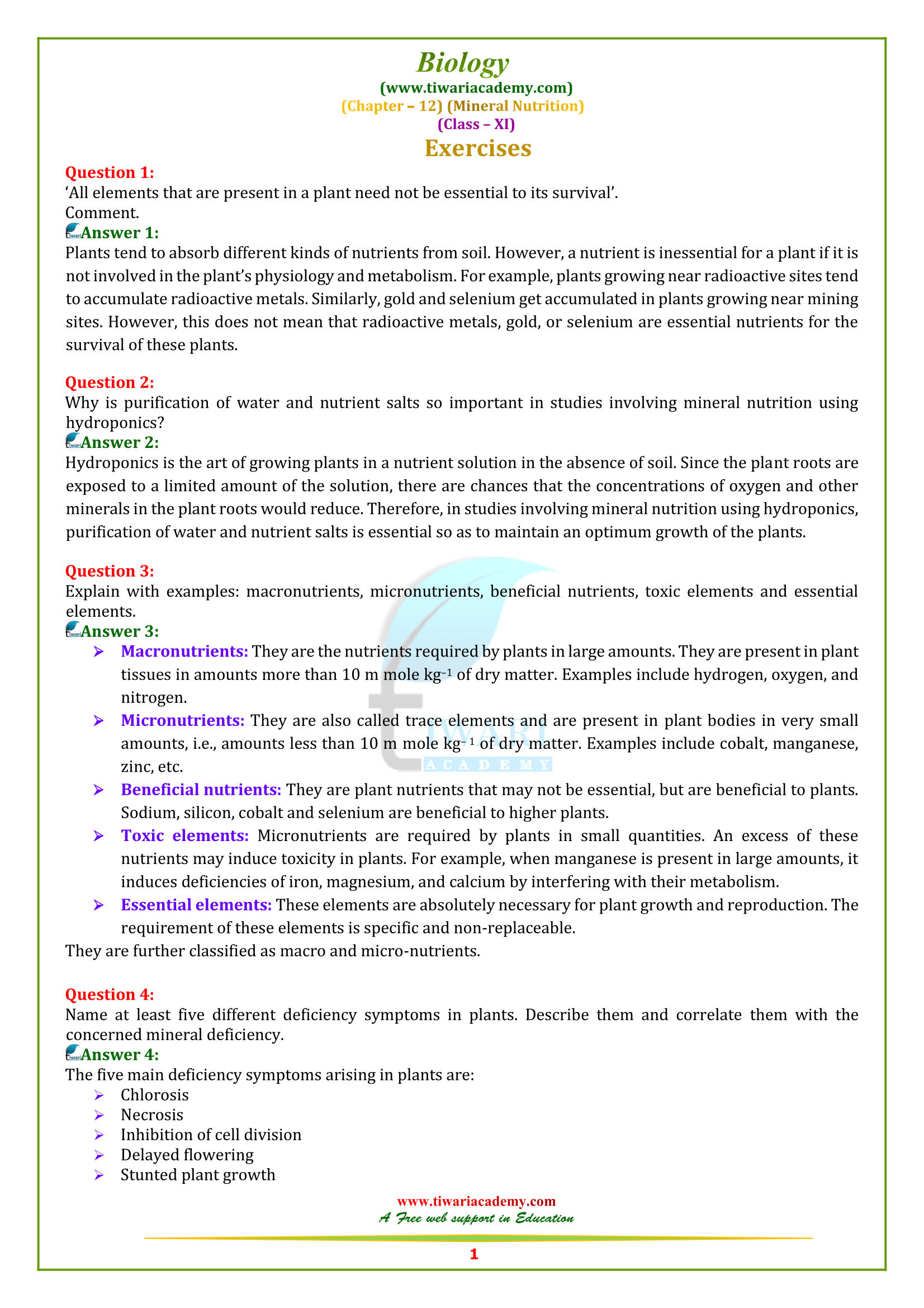 NCERT Solutions for Class 11 Biology Chapter 12 Mineral Nutrition