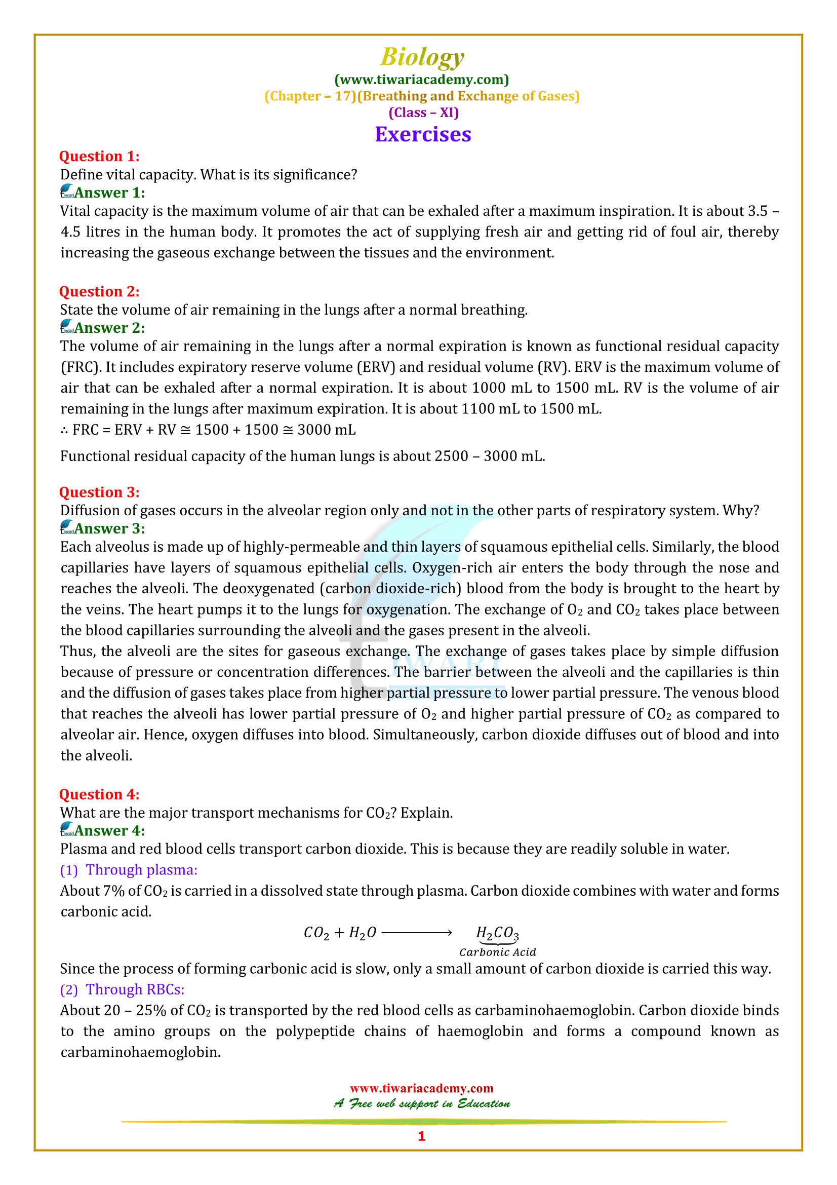NCERT Solutions for Class 11 Biology Chapter 17 Breathing and Exchange of Gases