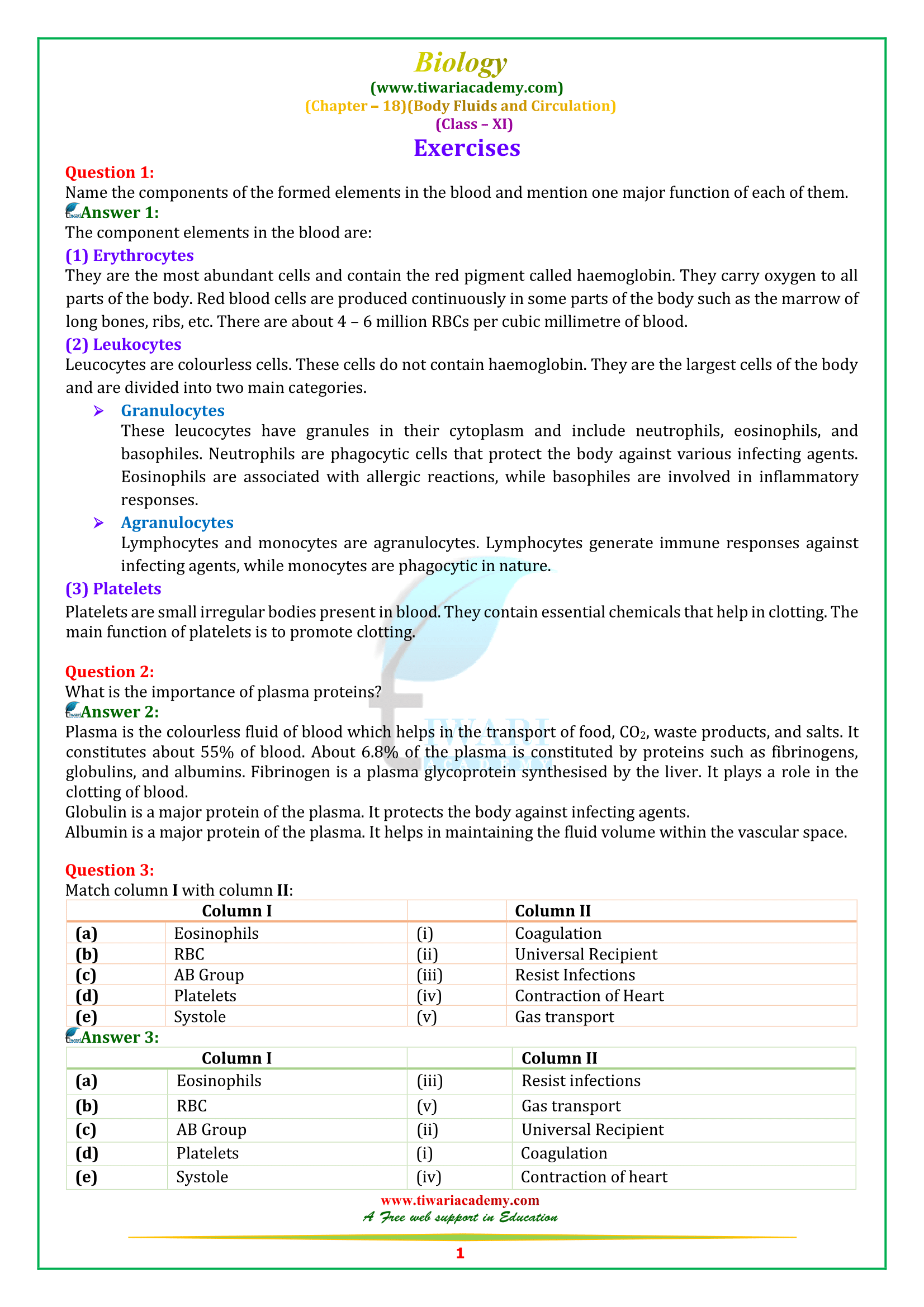 NCERT Solutions for Class 11 Biology Chapter 18 Body Fluids and Circulation