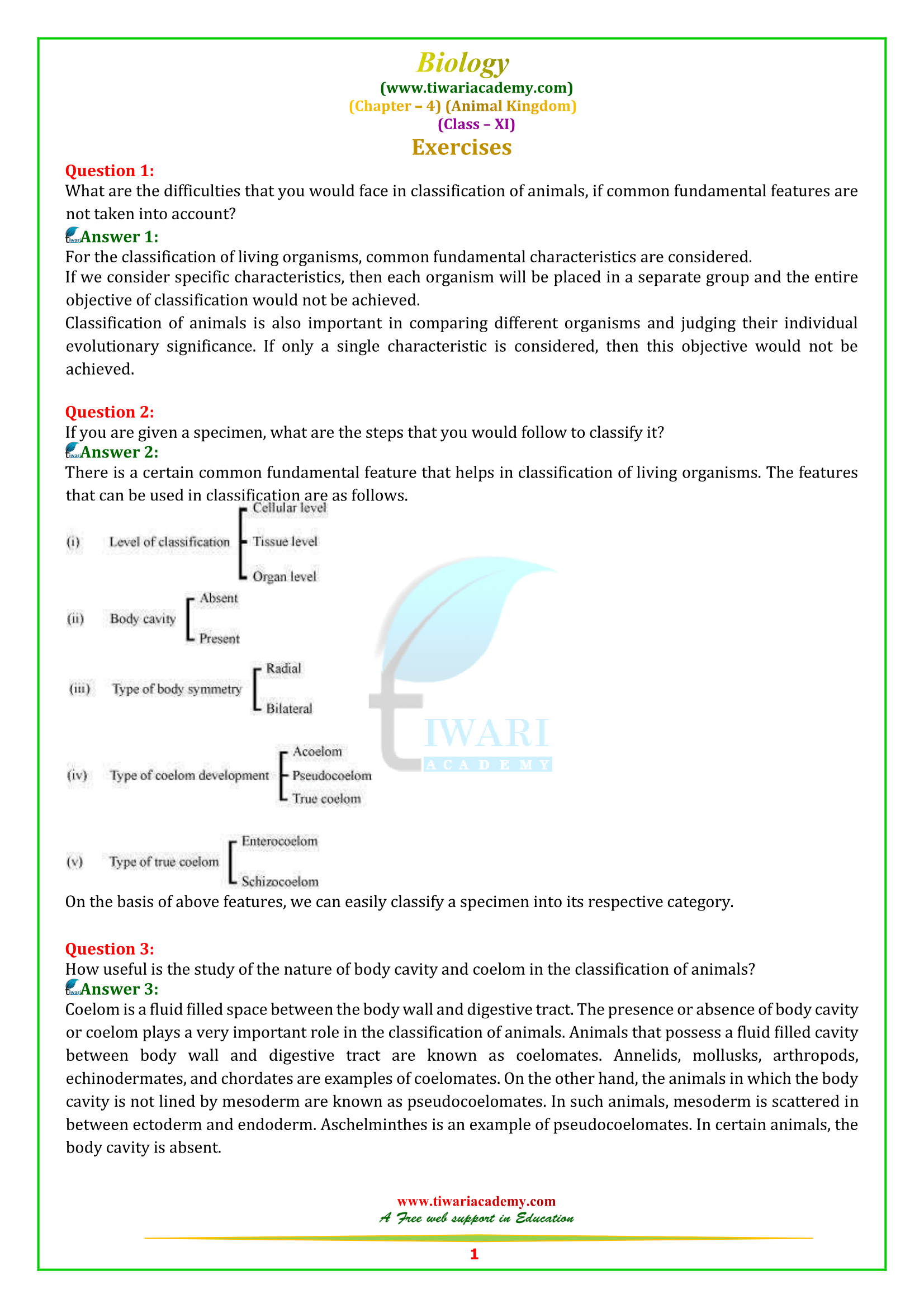 NCERT Solutions for Class 11 Biology Chapter 4 Animal Kingdom in PDF