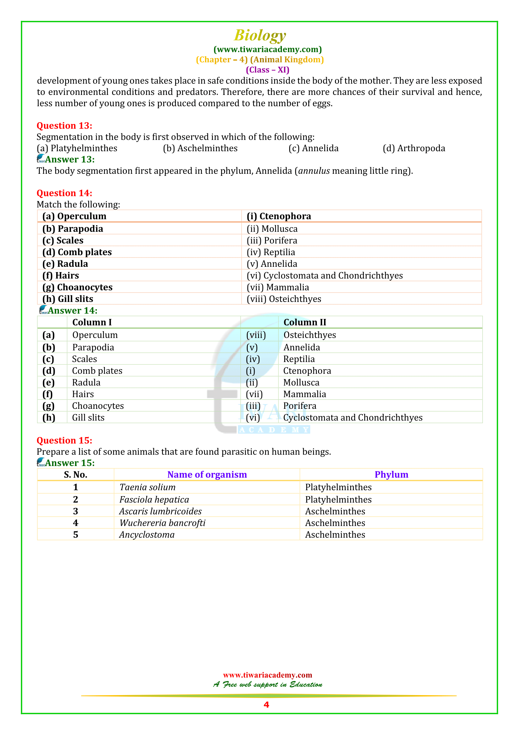 NCERT Solutions for Class 11 Biology Chapter 4 Animal Kingdom in PDF NCERT Solutions for Class 11 Biology Chapter 4 Animal Kingdom in PDF