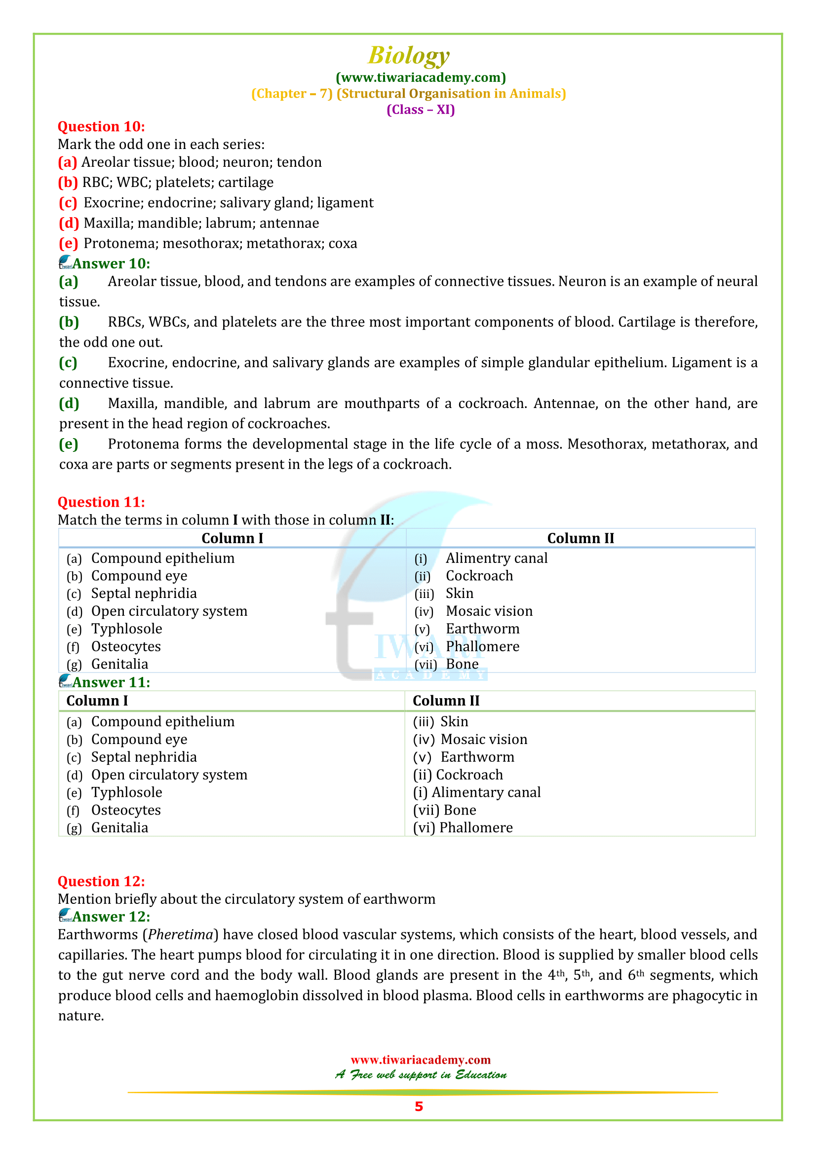 NCERT Solutions for Class 11 Biology Chapter 7 in PDF for 2023-24