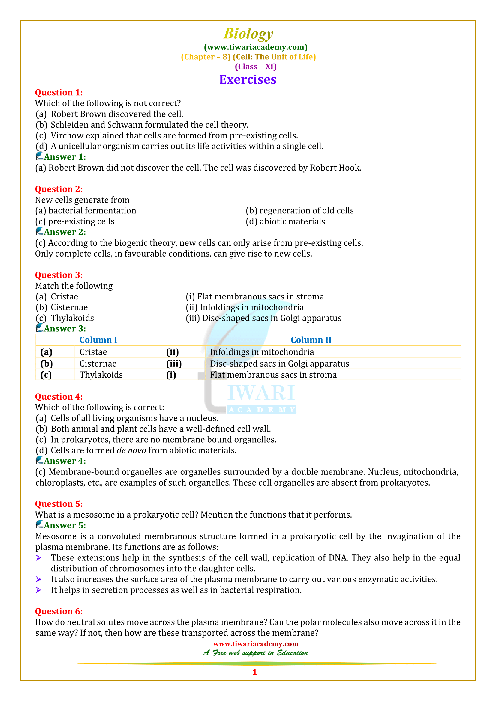NCERT Solutions for Class 11 Biology Chapter 8 Cell: The Unit of Life