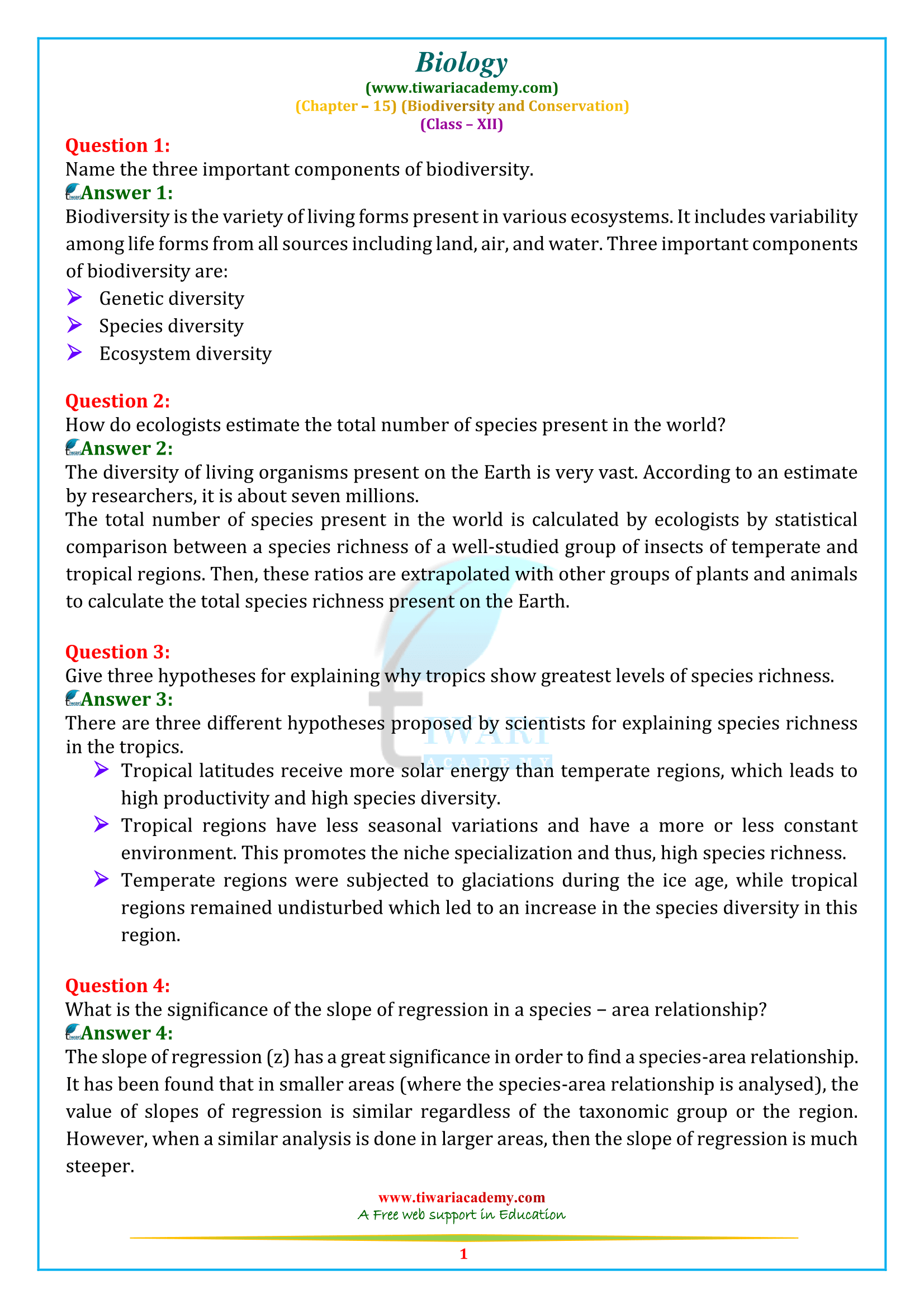 NCERT Solutions for Class 12 Biology Chapter 15 Biodiversity and Conservation