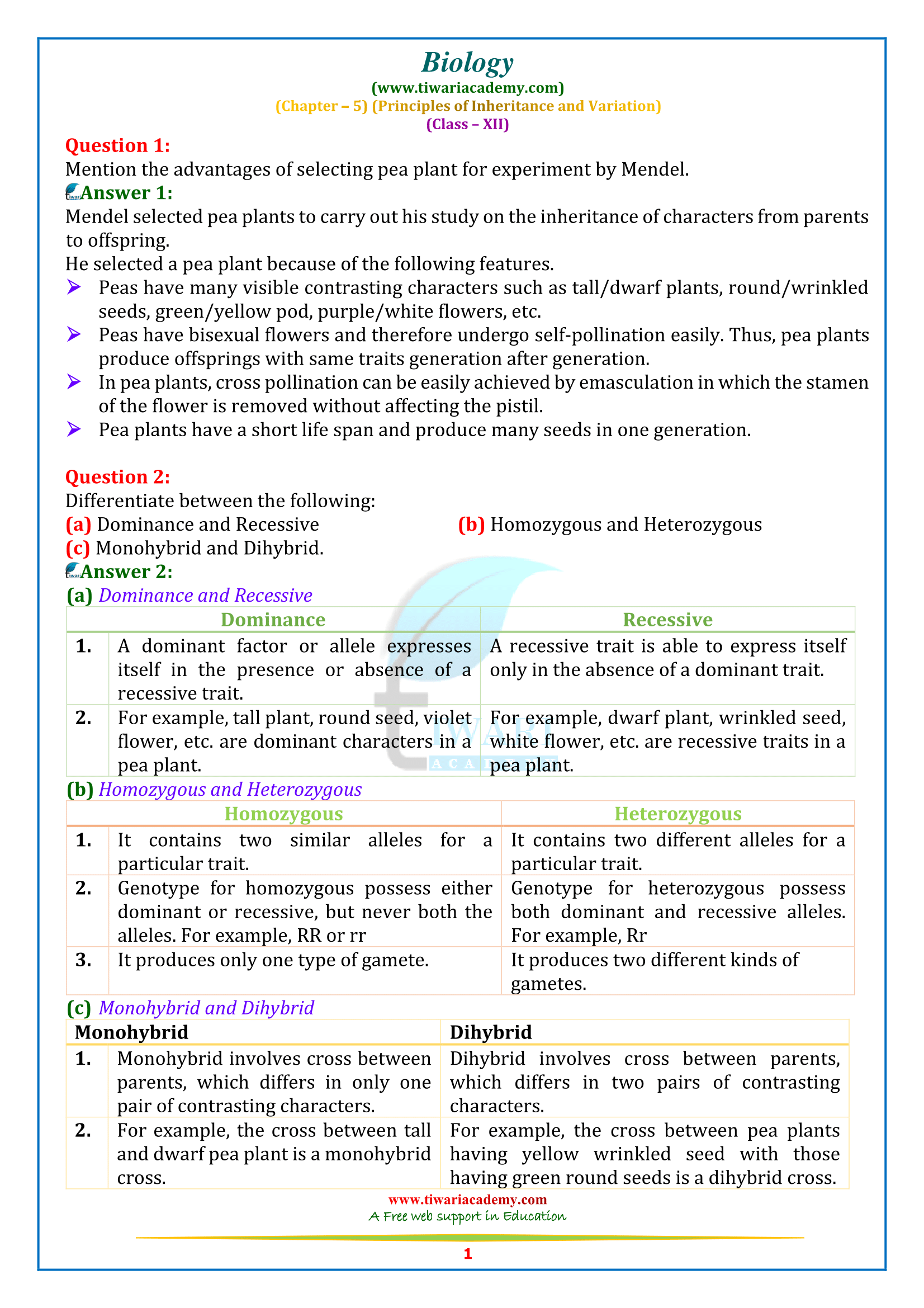 NCERT Solutions for Class 12 Biology Chapter 5 Principle of Inheritance and Variation