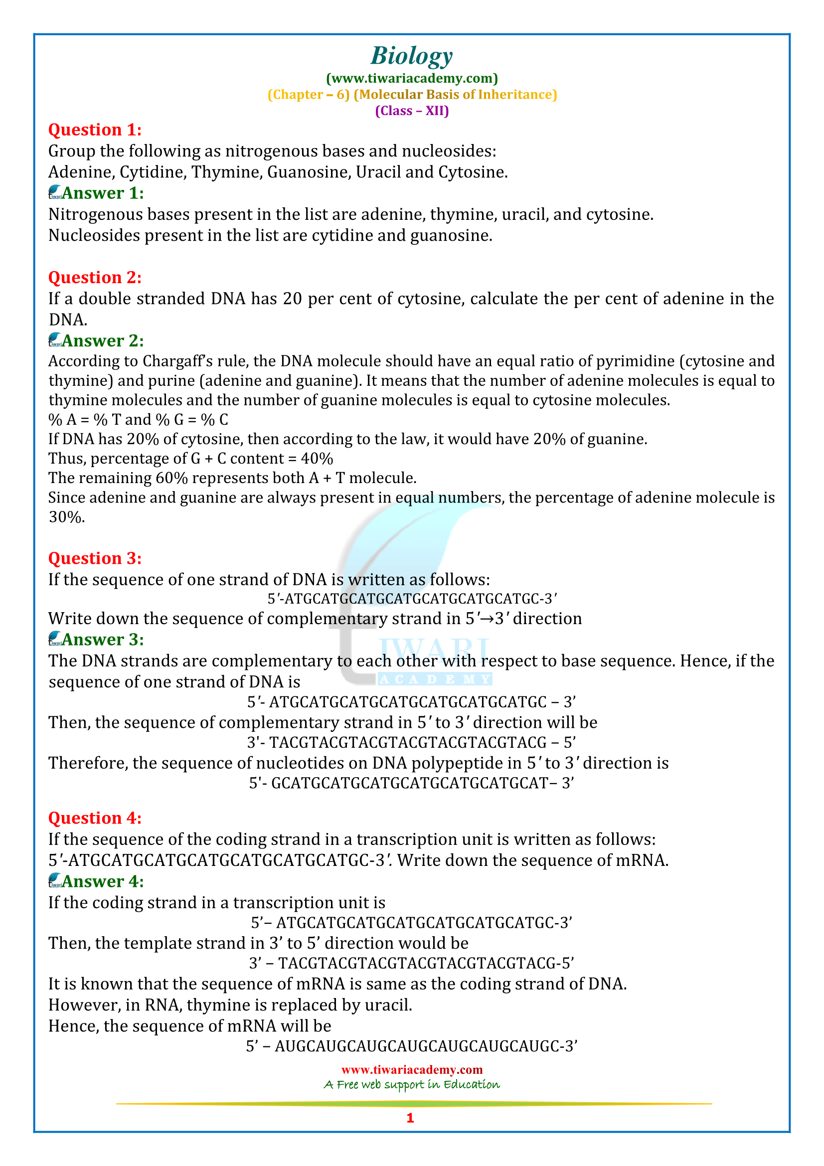 NCERT Solutions for Class 12 Biology Chapter 6 Molecular Basis of Inheritance