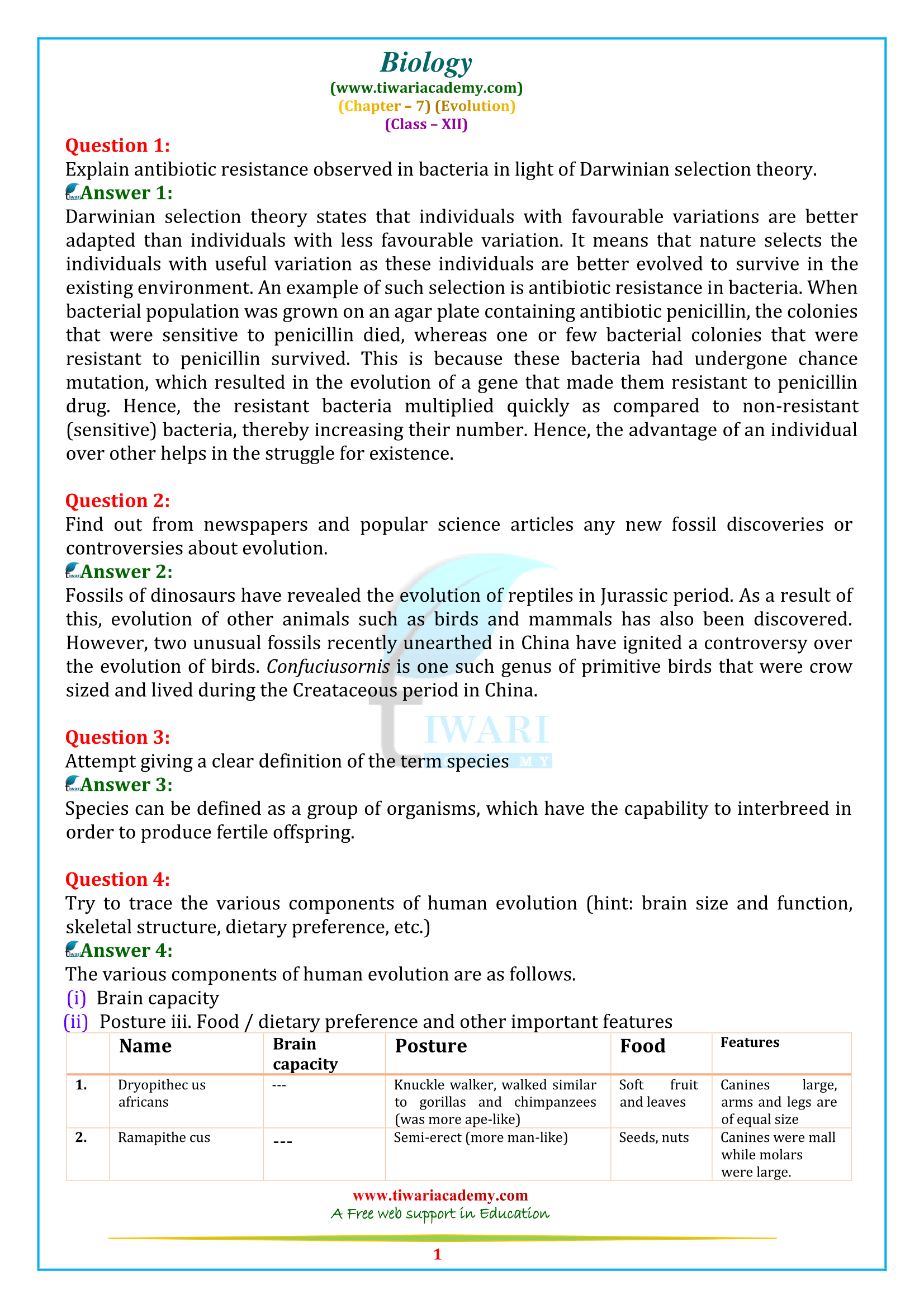 NCERT Solutions for Class 12 Biology Chapter 7 Evolution