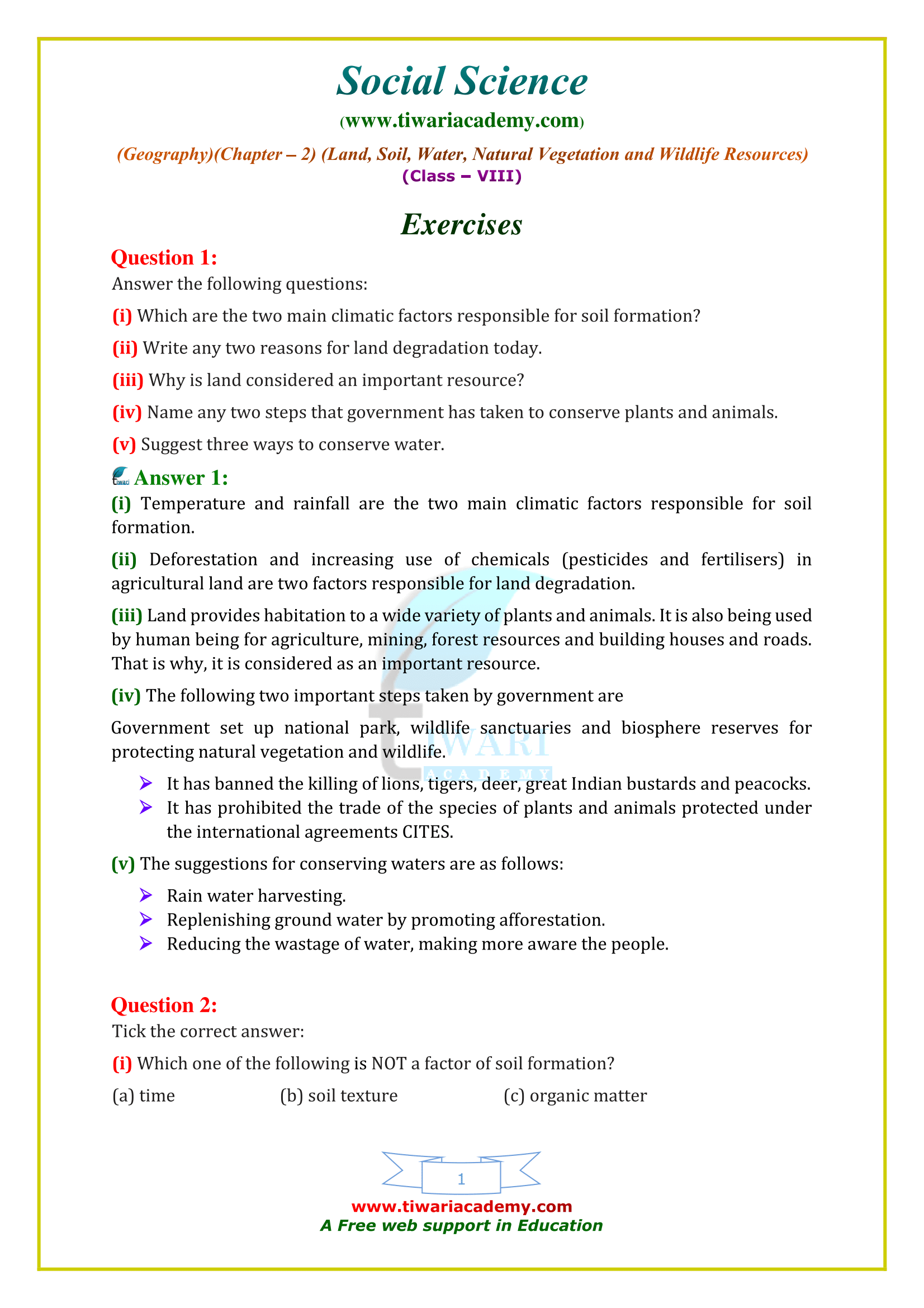 NCERT Solutions for Class 8 Geography Chapter 2 Land, Soil, Water, Natural Vegetation and Wildlife Resources
