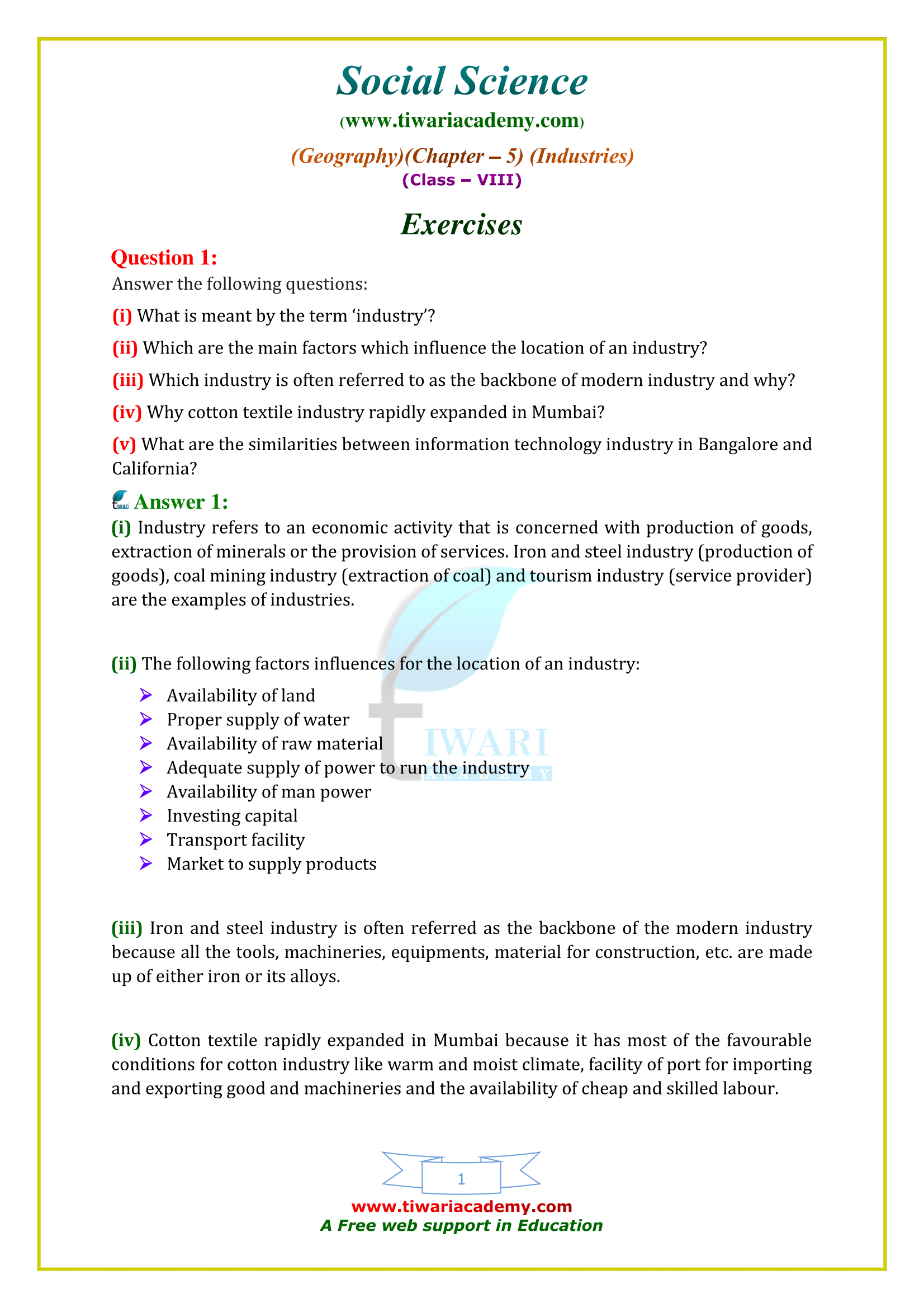 NCERT Solutions for Class 8 Geography Chapter 5 Industries (उद्योग)