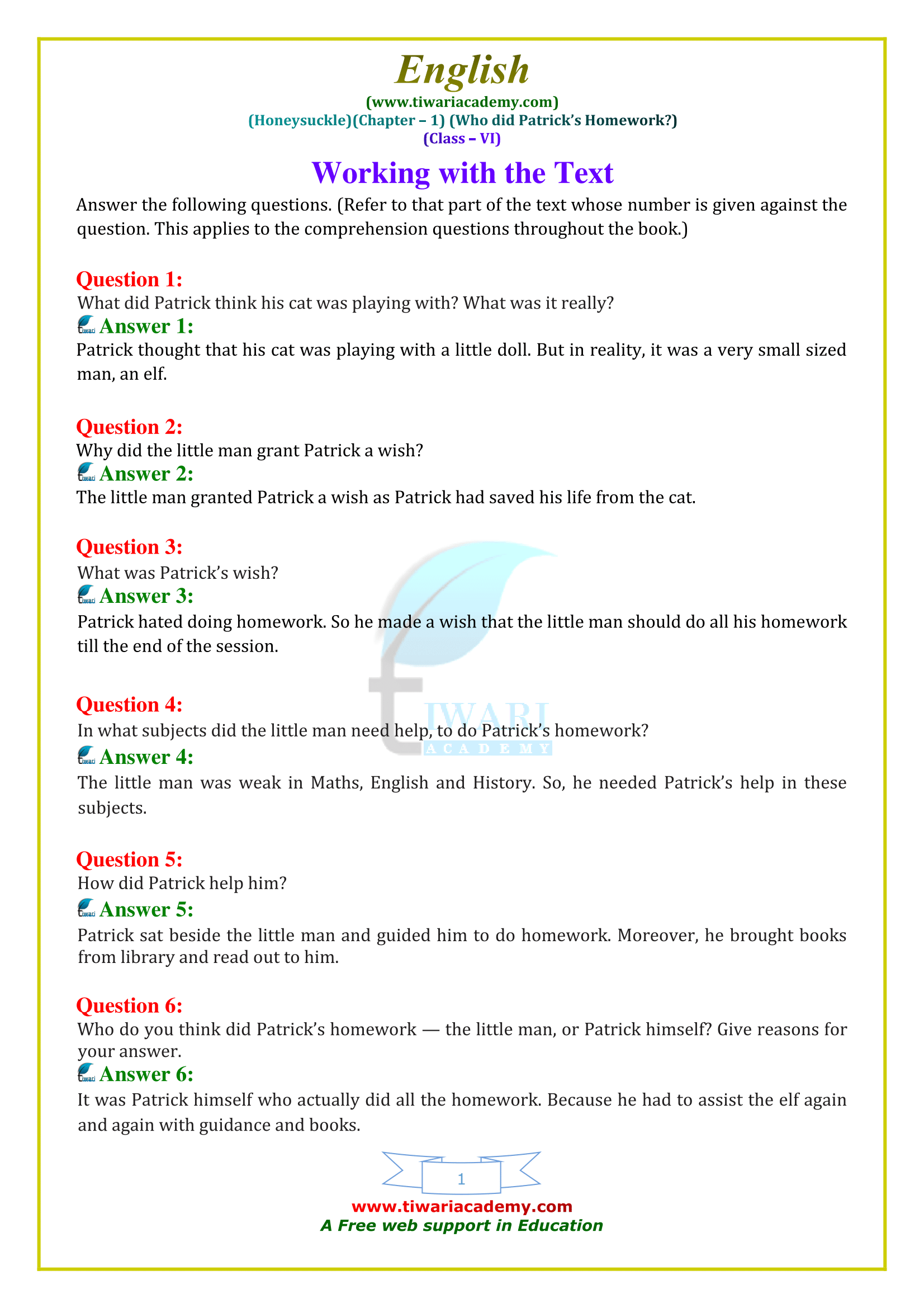 NCERT Solutions for Class 6 English Honeysuckle Chapter 1 Who Did Patrick’s Homework?