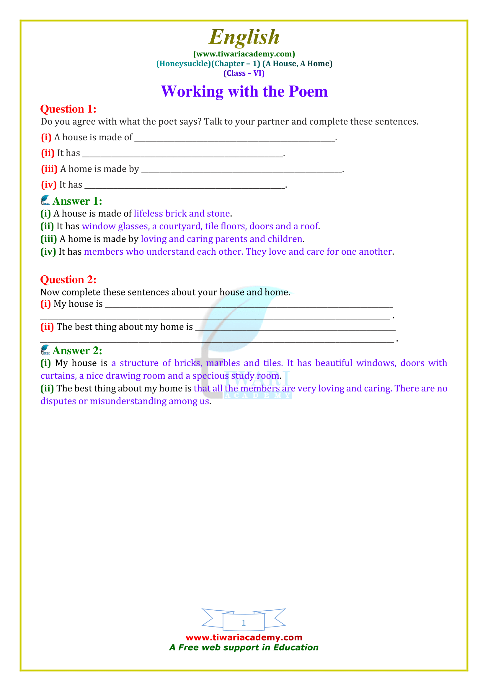 NCERT Solutions for Class 6 English Honeysuckle Poem 1 A House, A Home