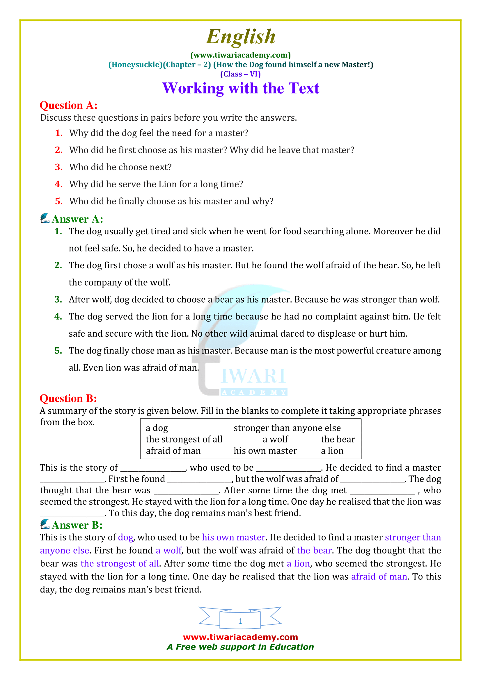 NCERT Solutions for Class 6 English Honeysuckle Chapter 2 How the Dog Found Himself a New Master!