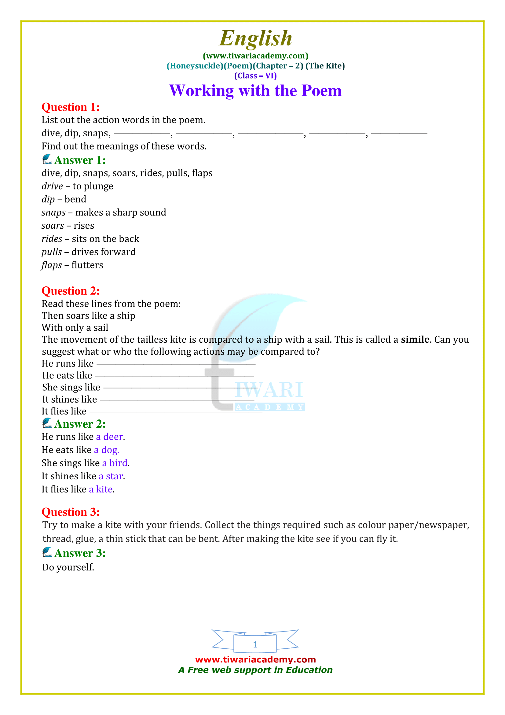 NCERT Solutions for Class 6 English Honeysuckle Poem 2 The Kite