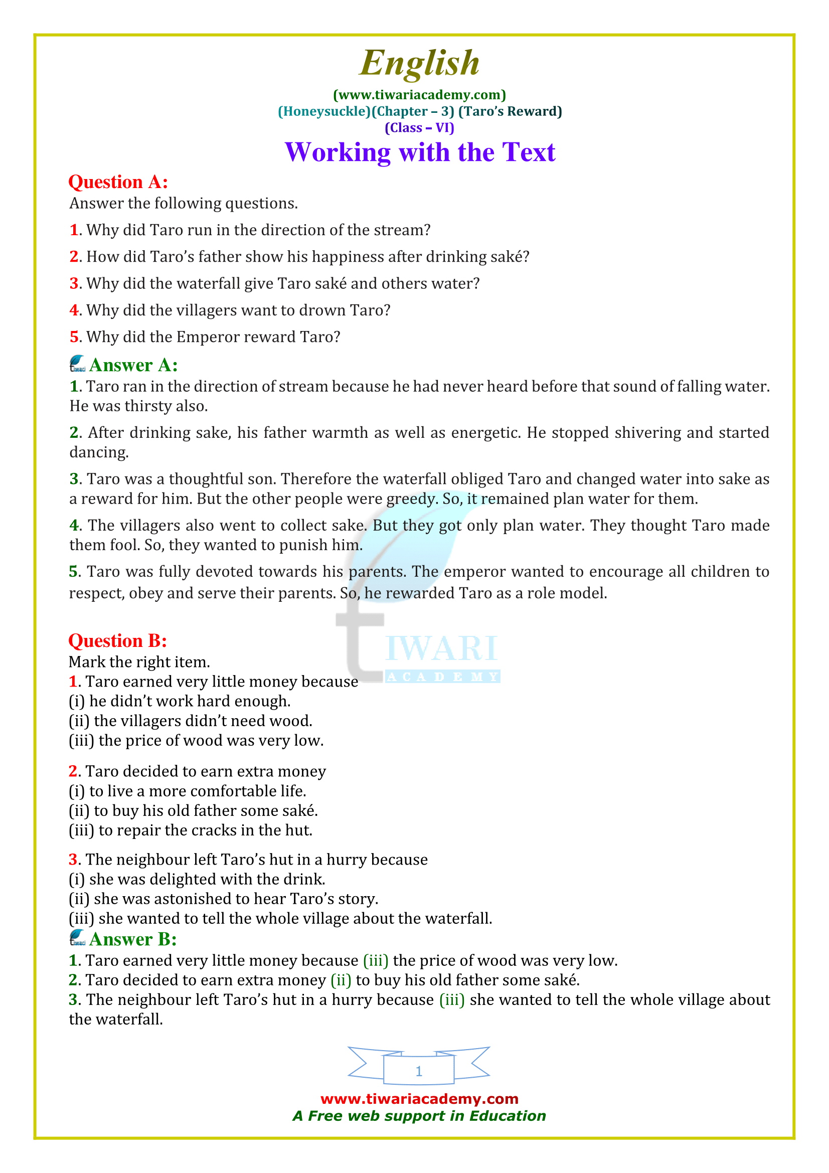 NCERT Solutions for Class 6 English Honeysuckle Chapter 3 Taro’s Reward