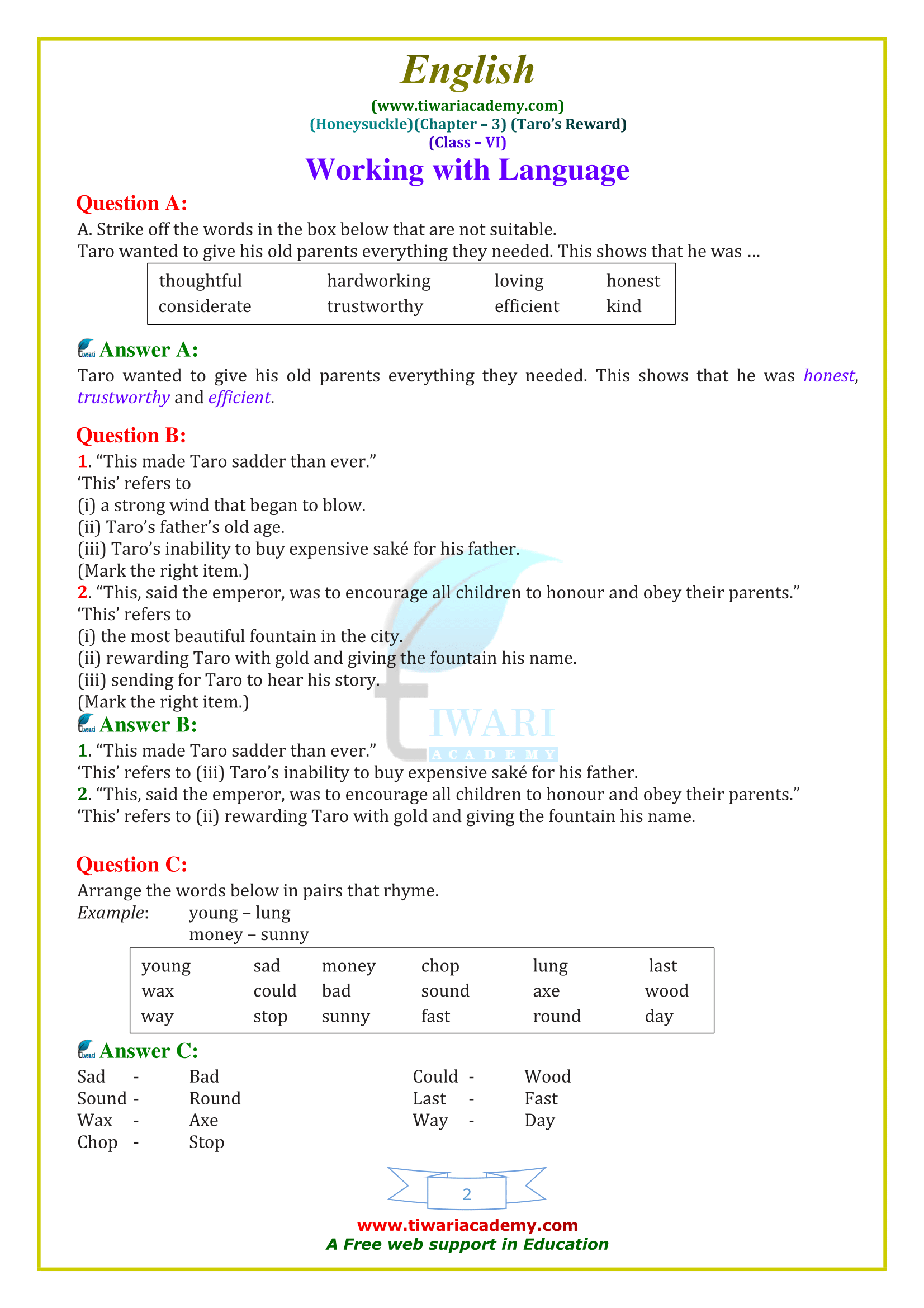 NCERT Solutions for Class 6 English Honeysuckle Chapter 3 in PDF